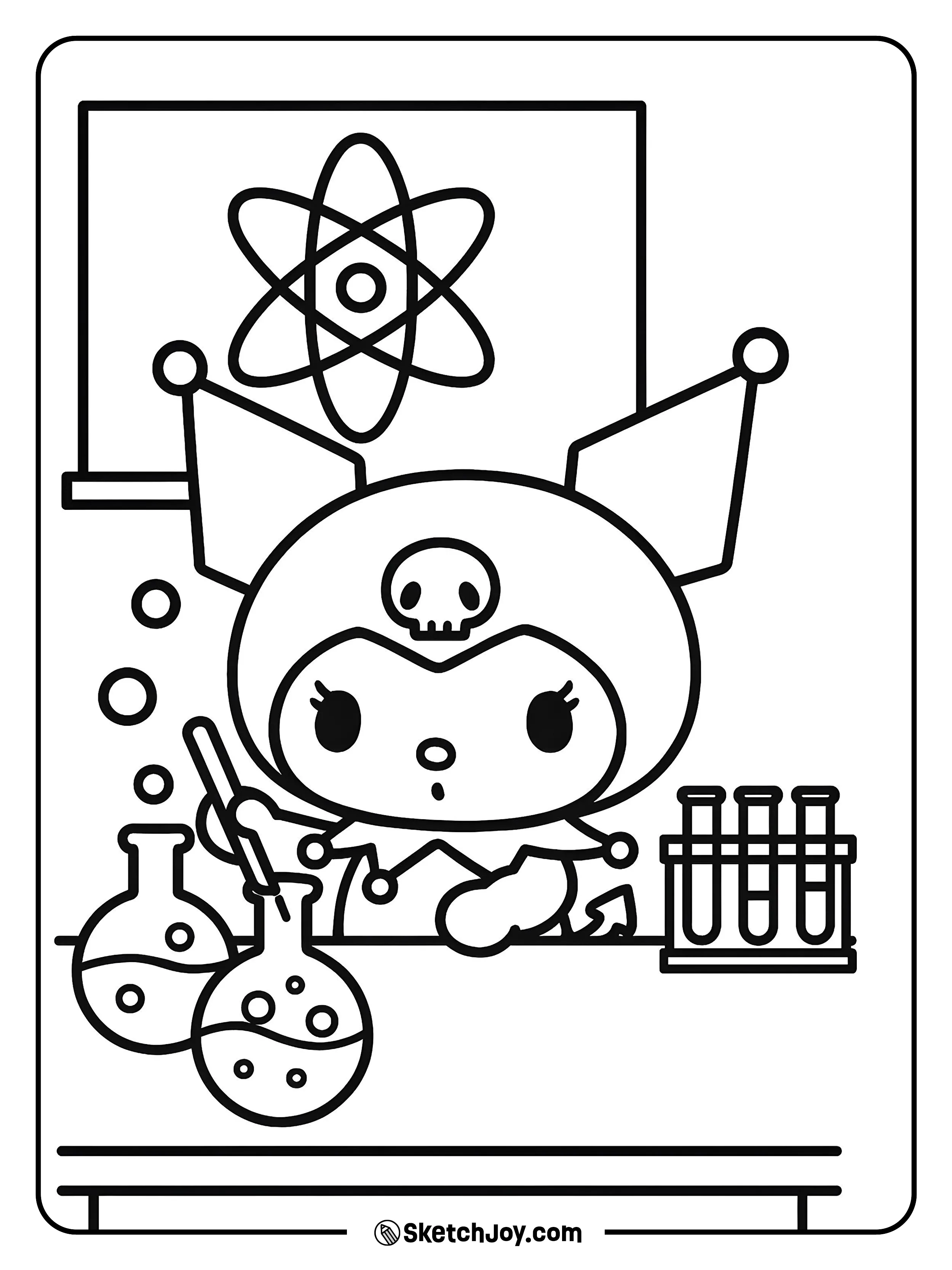 Kuromi mixes bubbly beakers with a curious look.