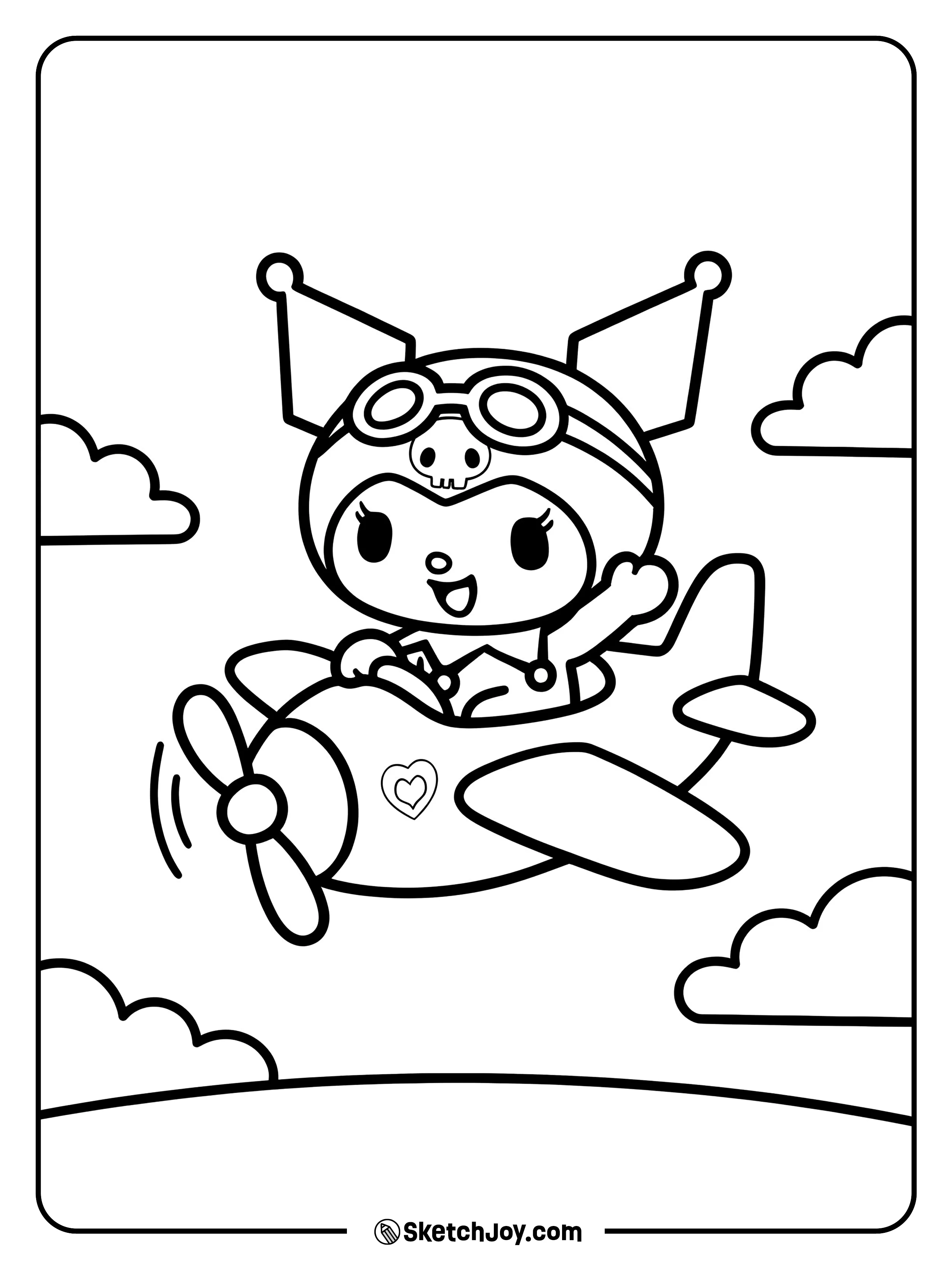 Kuromi pilots a tiny propeller plane with her goggles up