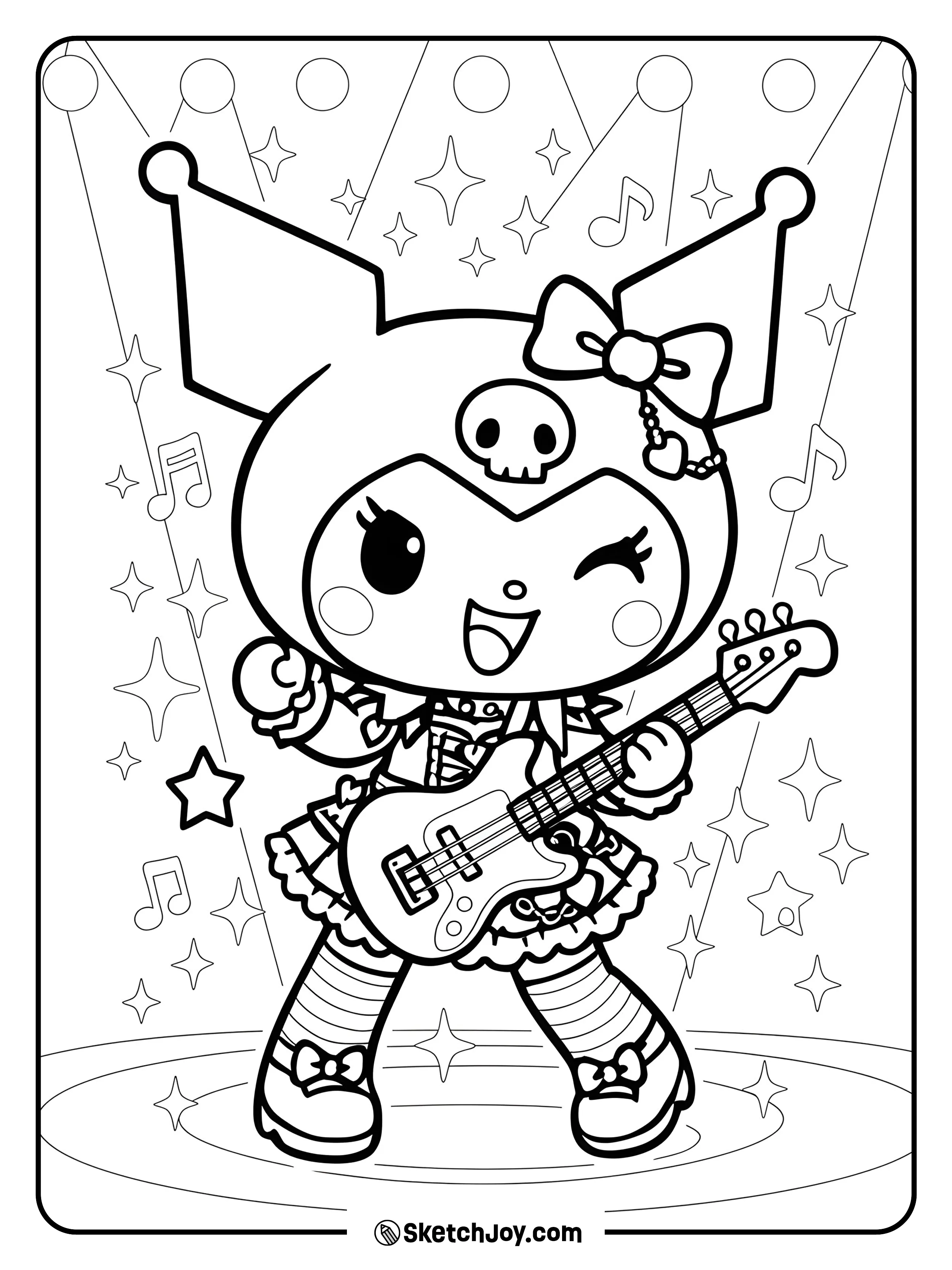 Kuromi winks and rocks an electric guitar on a bright stage.