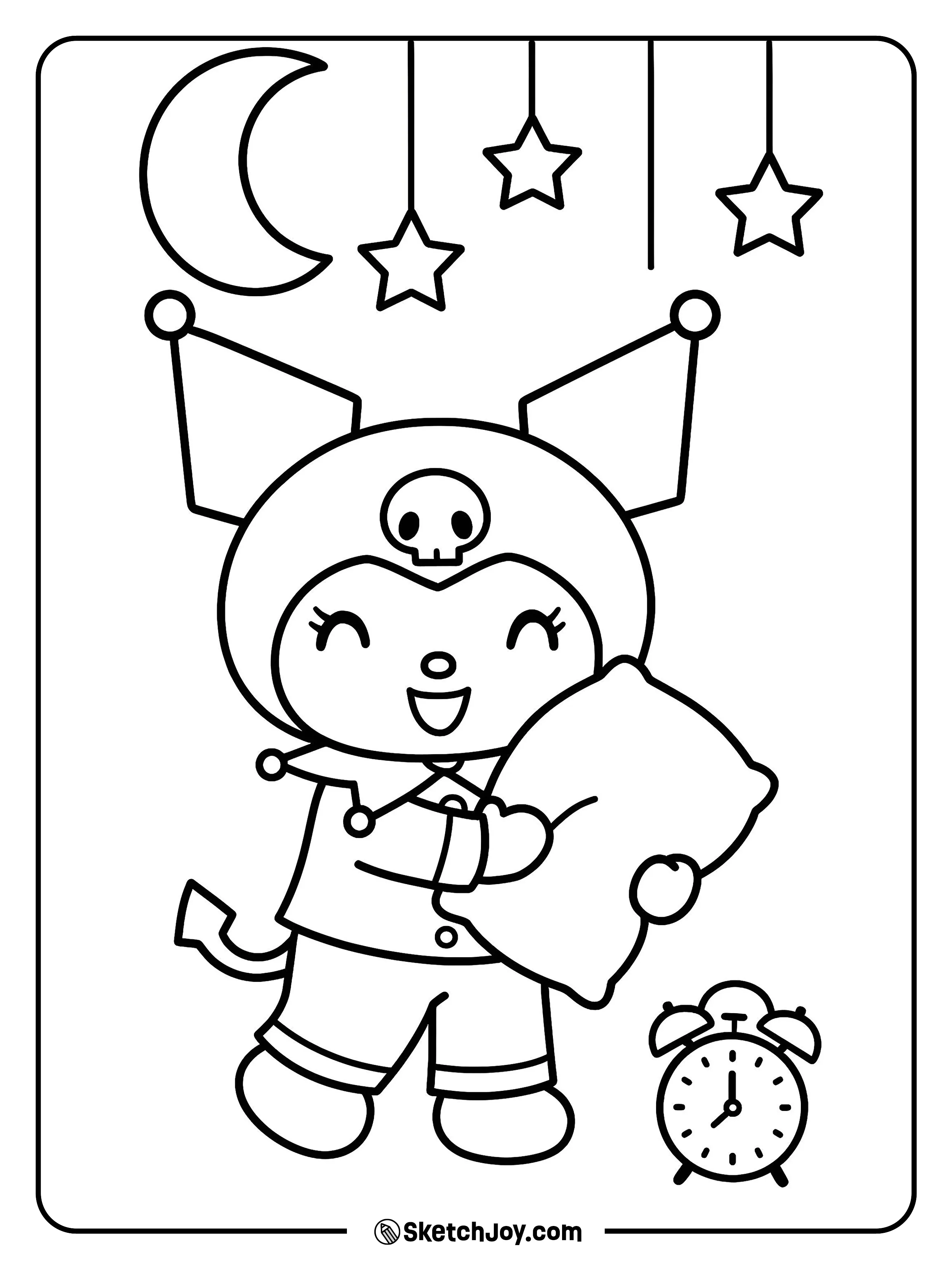 In cozy pajamas, Kuromi yawns under hanging stars.