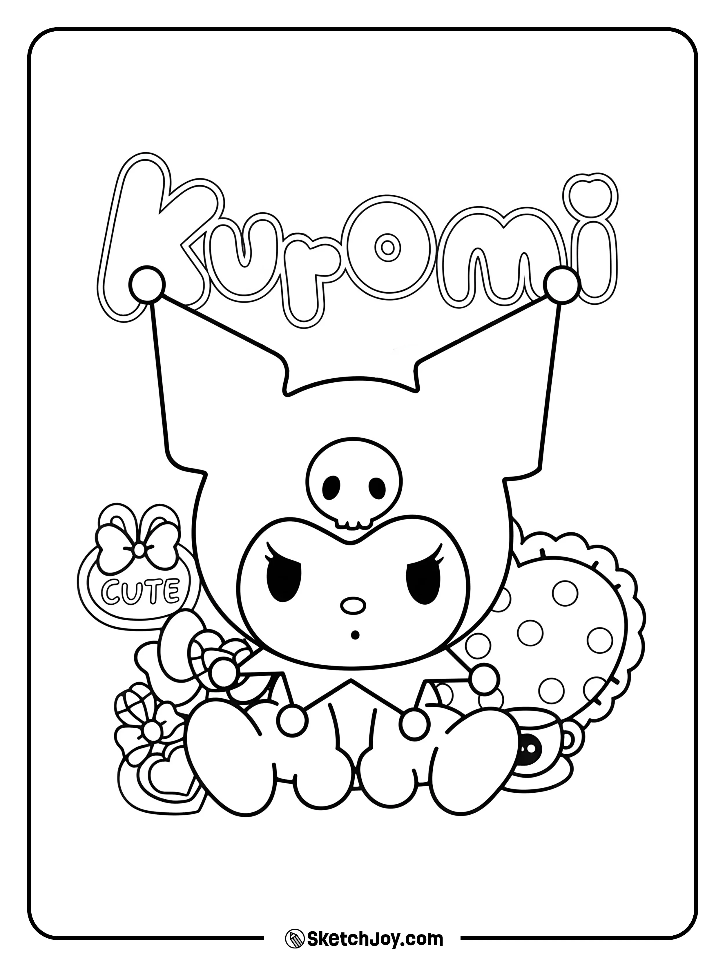 Kuromi sits with a playful pout under her name in bubble letters.