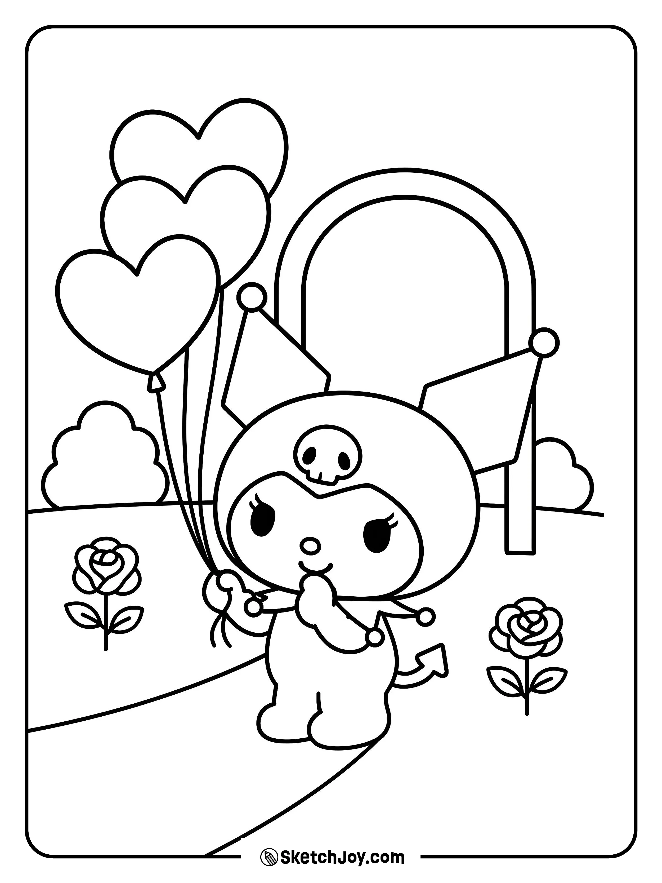 Kuromi clutches heart balloons with a shy smile.