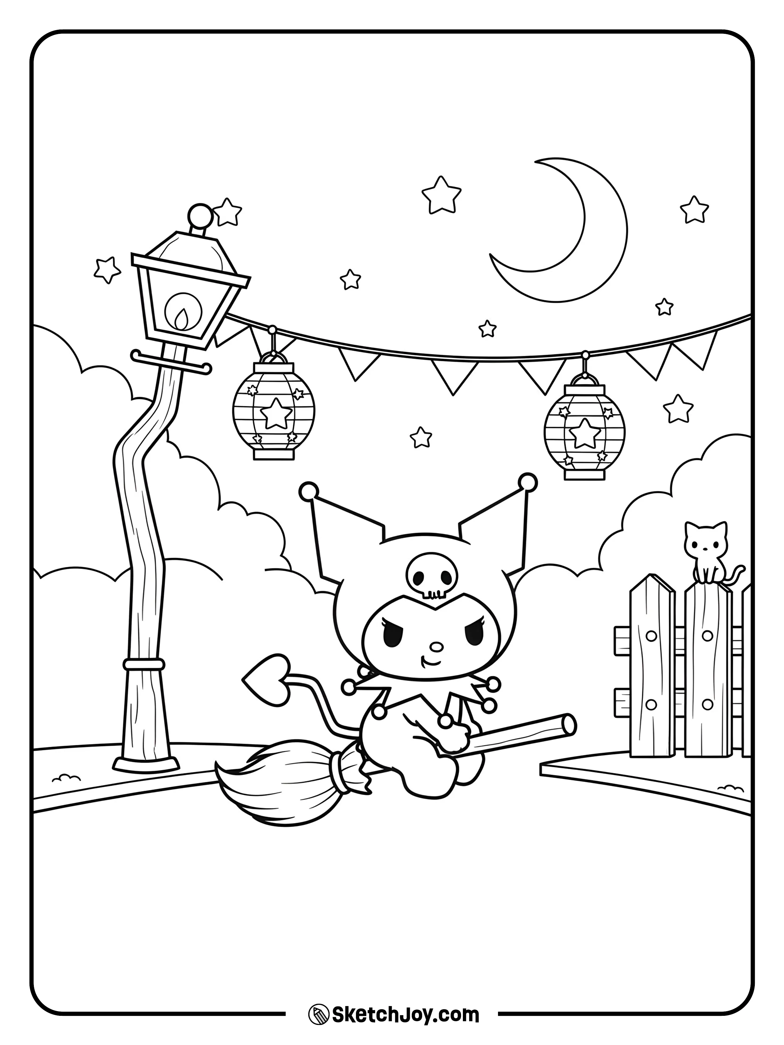 Kuromi glides down a moonlit street with a cheeky grin and a tiny broom