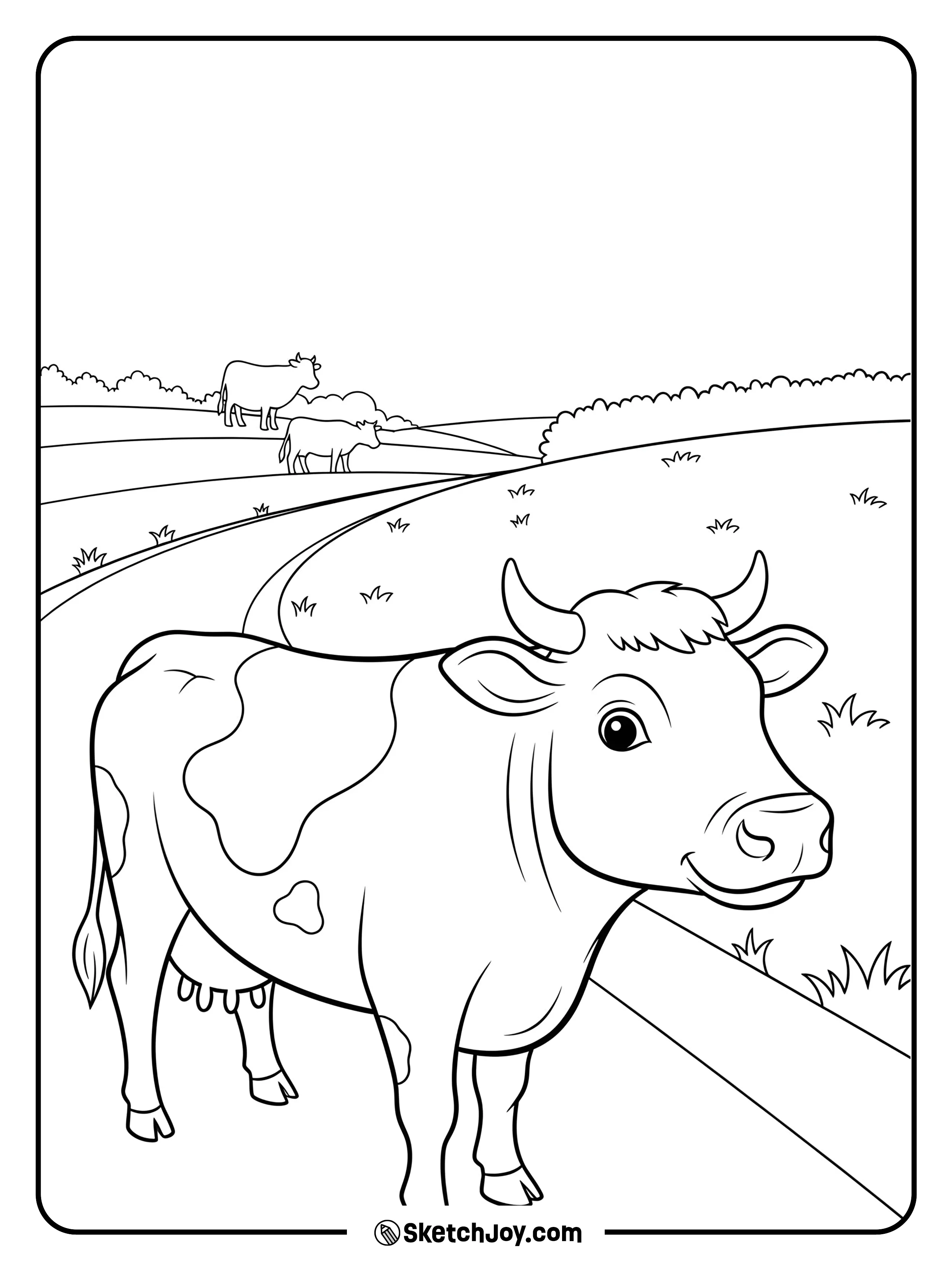 A confident cow walks down a country lane.
