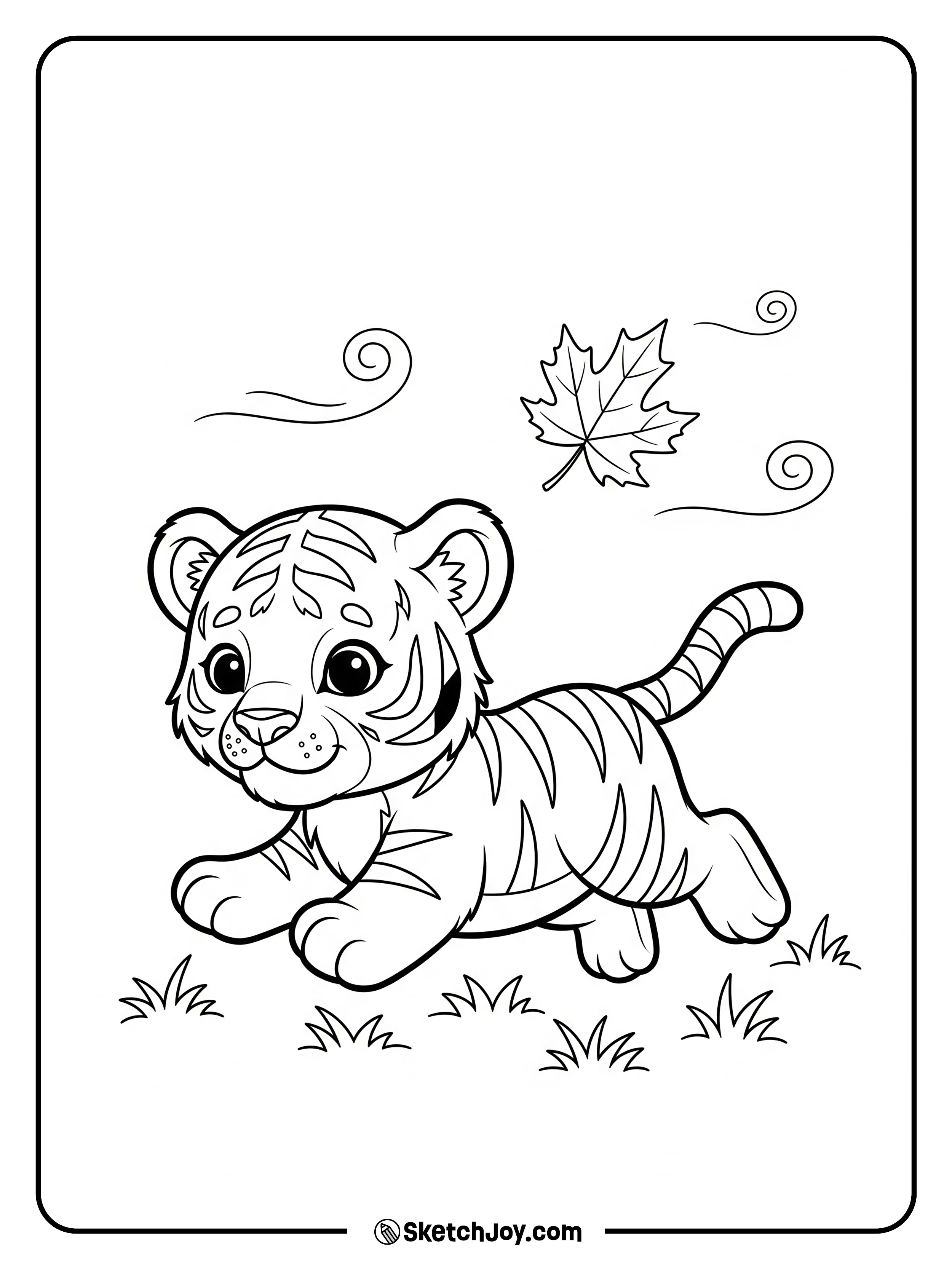 A playful cub runs after a falling leaf.