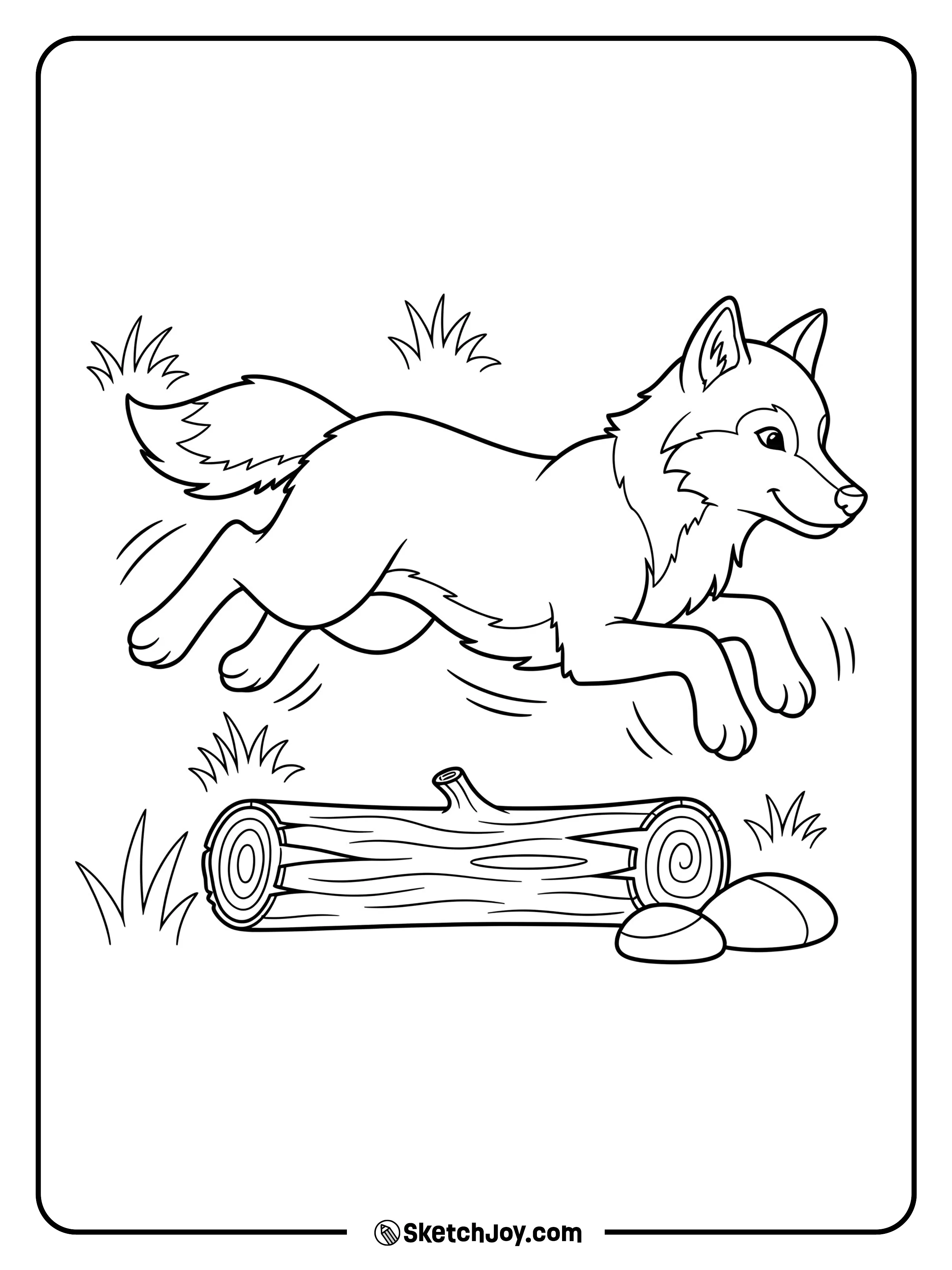 A strong wolf jumps over a fallen log.