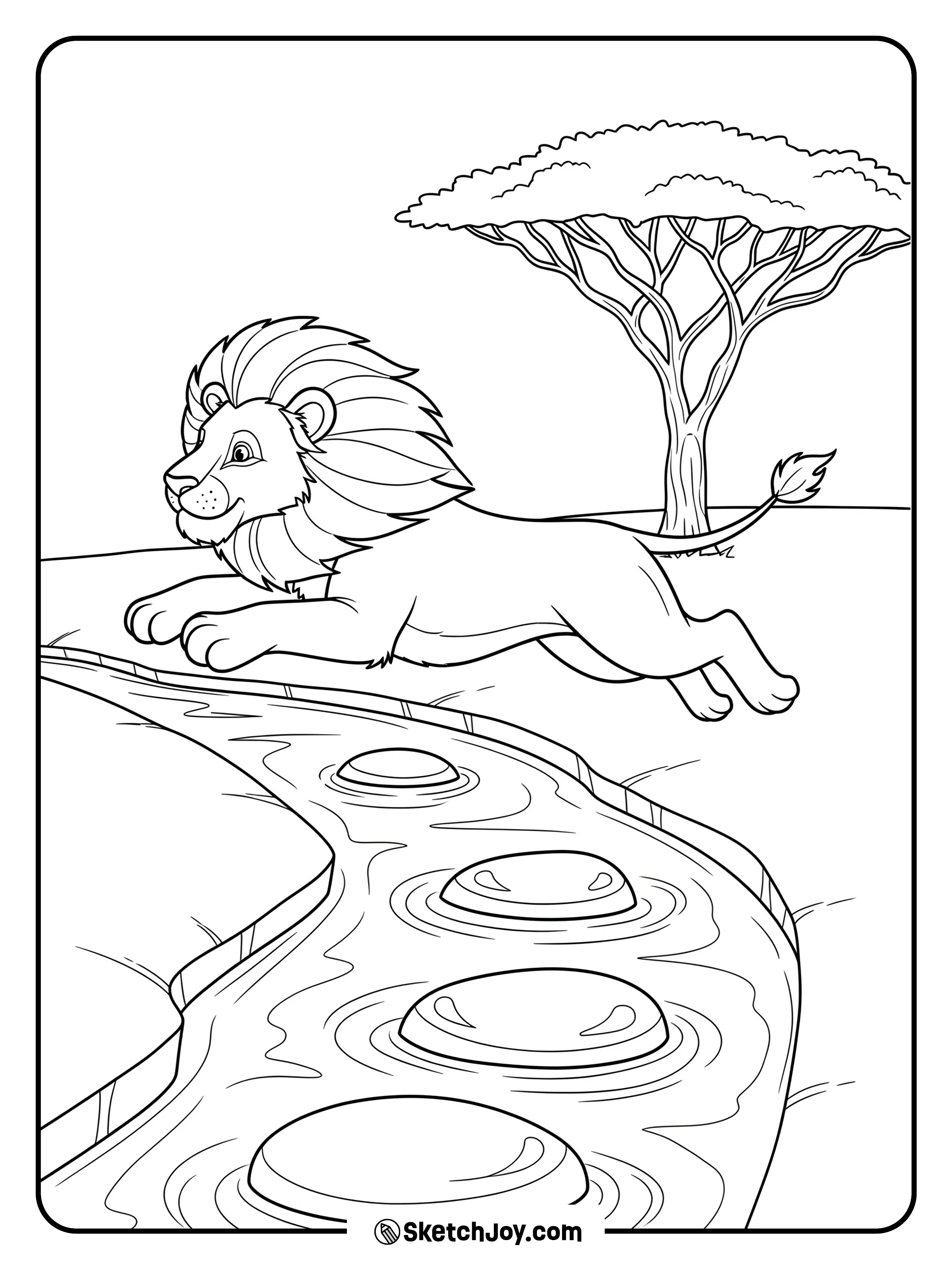 A focused lion jumps over a small stream made of stepping stones.