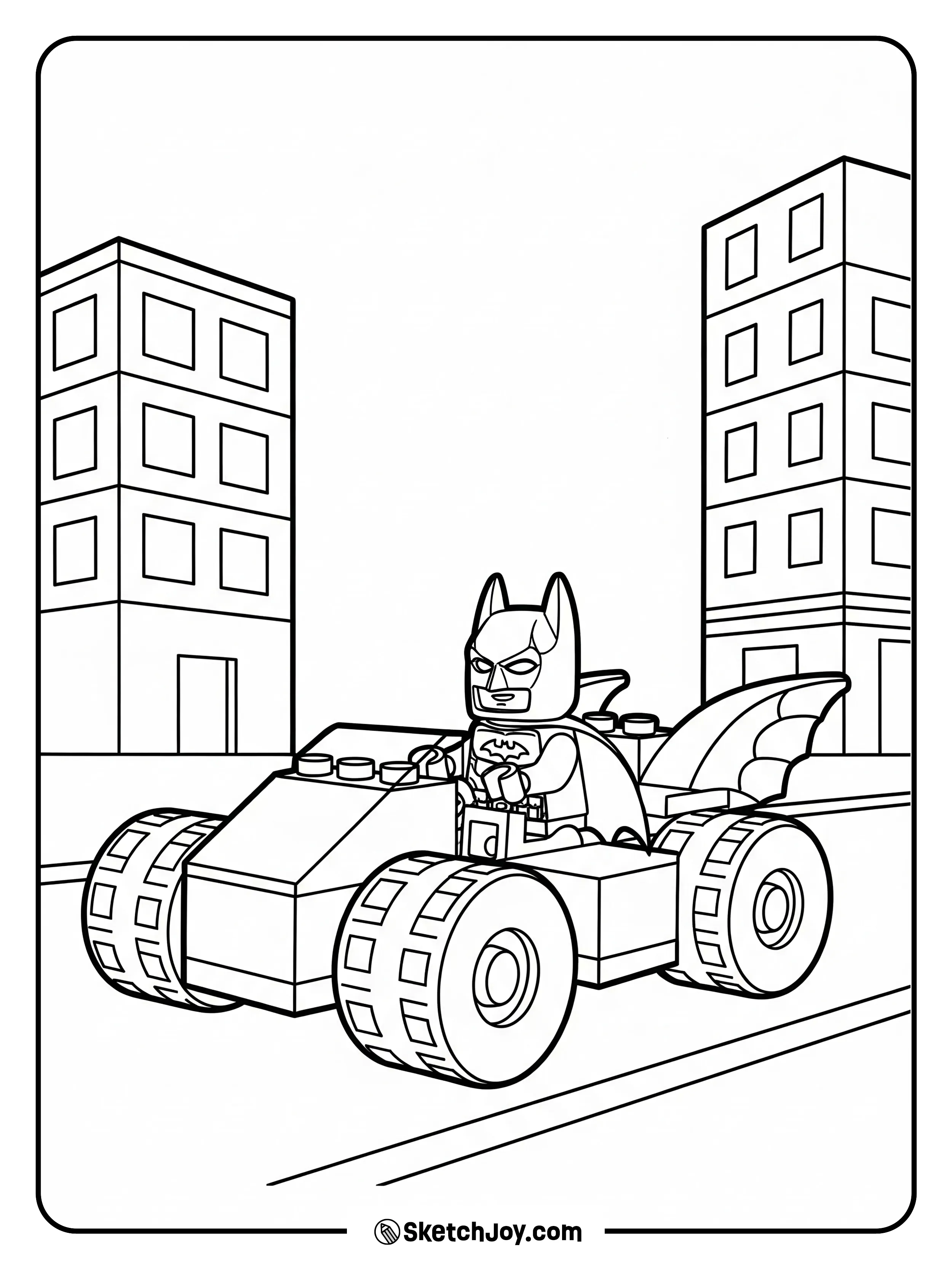 A blocky Batmobile rolls past low city blocks.