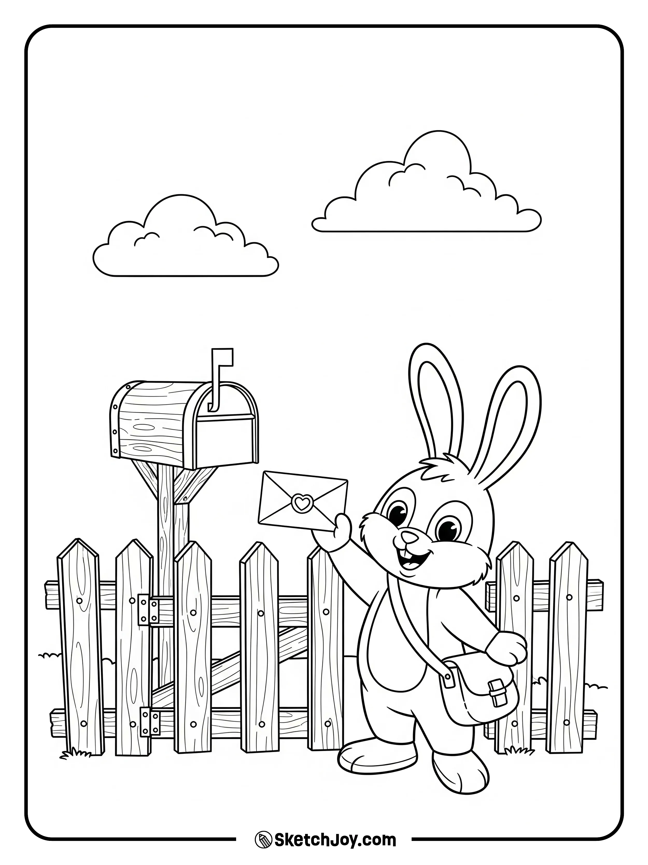 A mailbag bunny hands a heart-seal letter at a gate.
