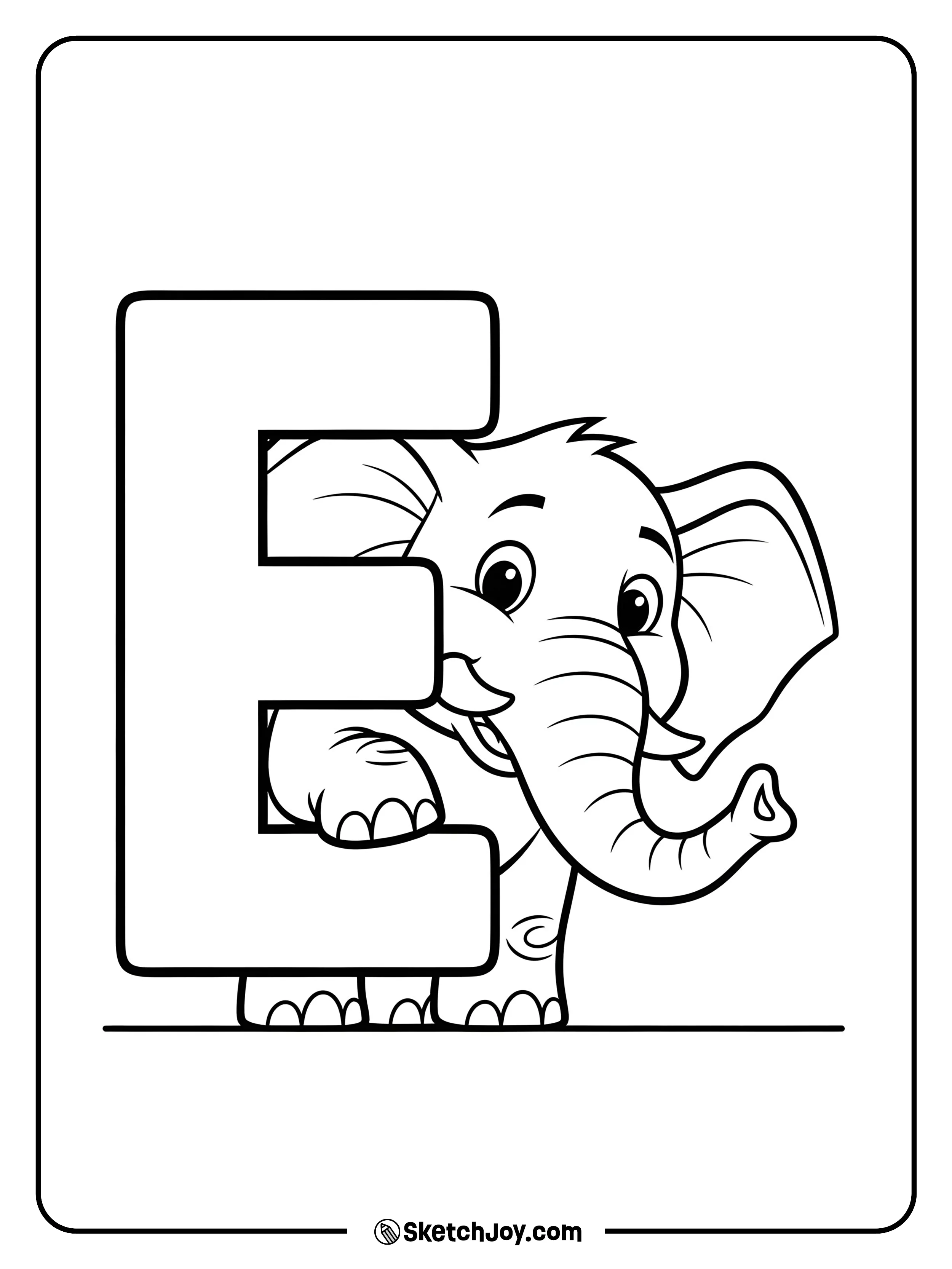 A friendly elephant peeks from behind a big letter E.