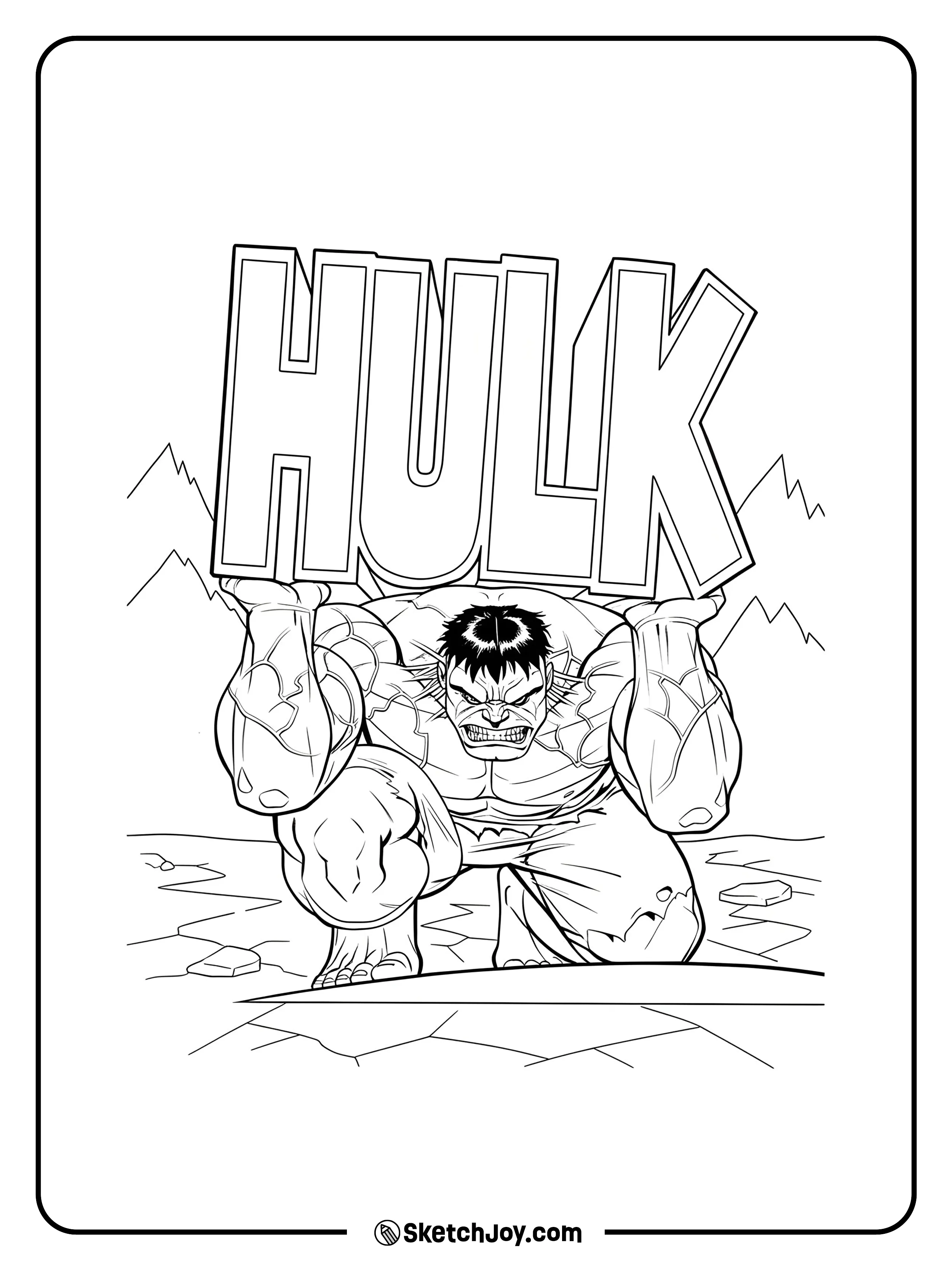 Hulk crouches low and holds huge block letters above his head.