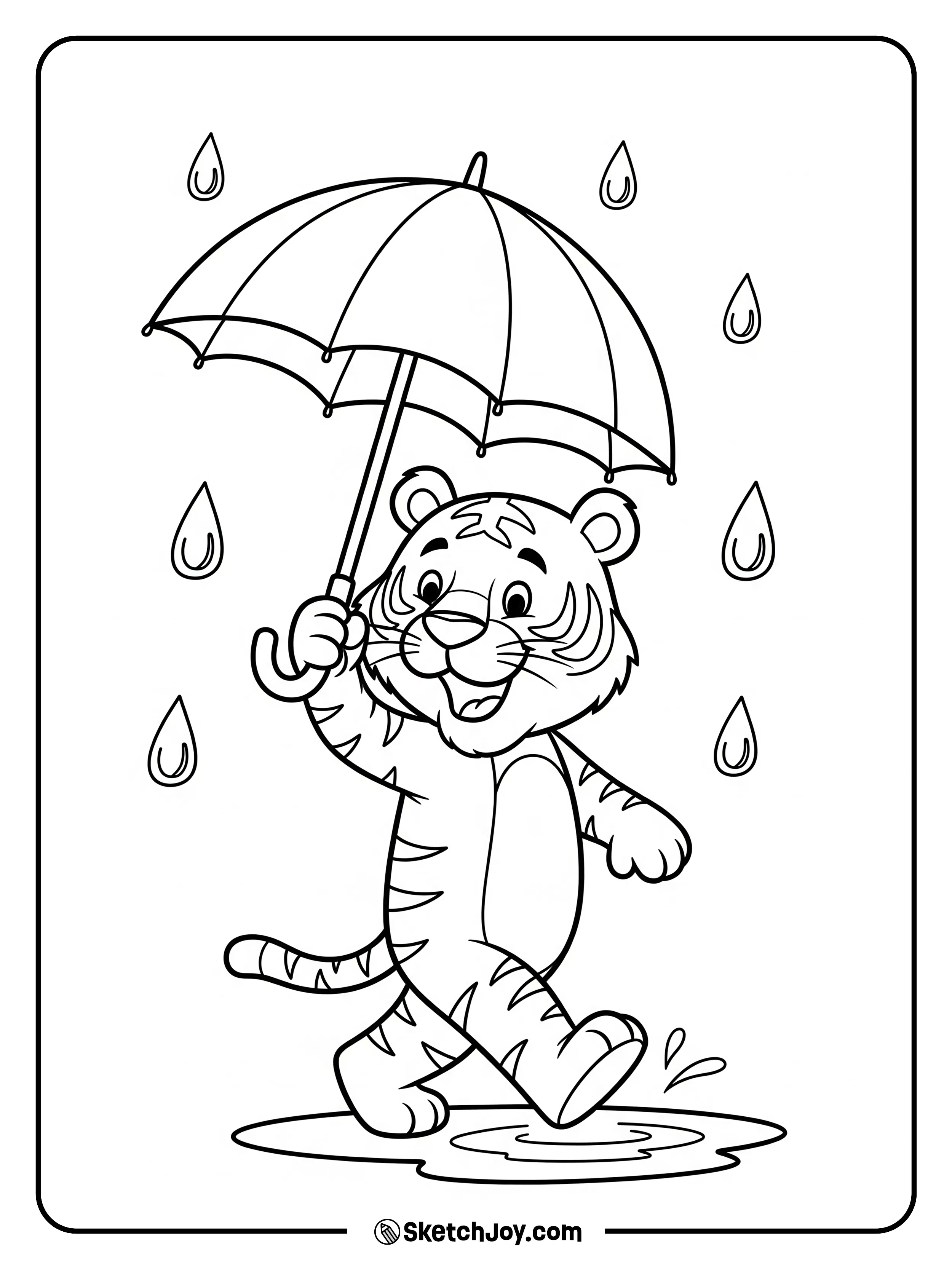 A tiger holds a small umbrella while drops fall.