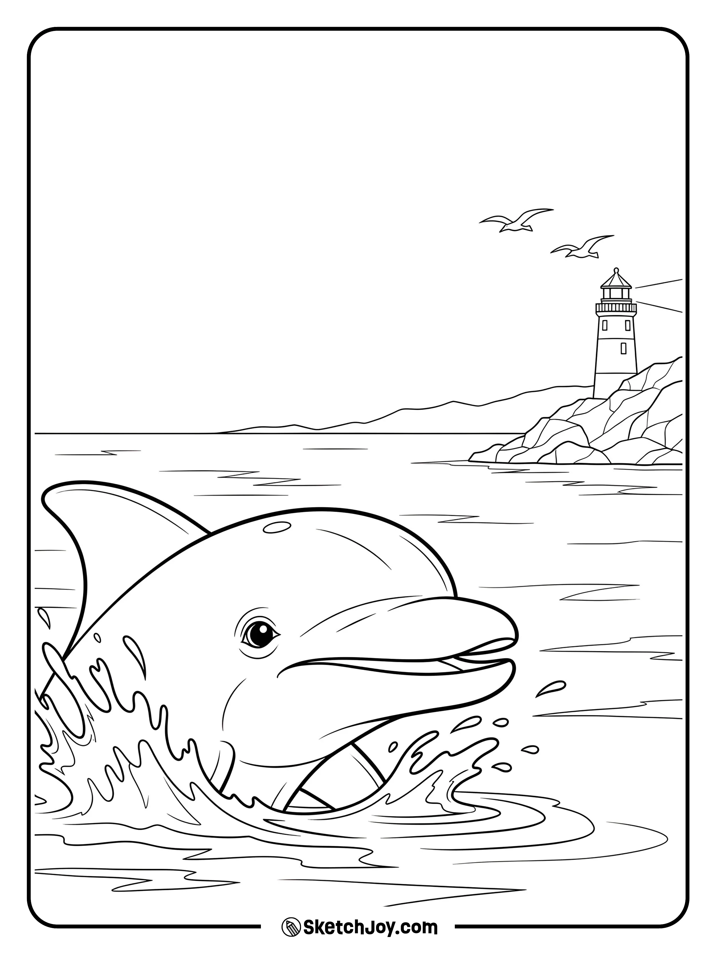 A dolphin surfaces near a short lighthouse on a rocky coast.