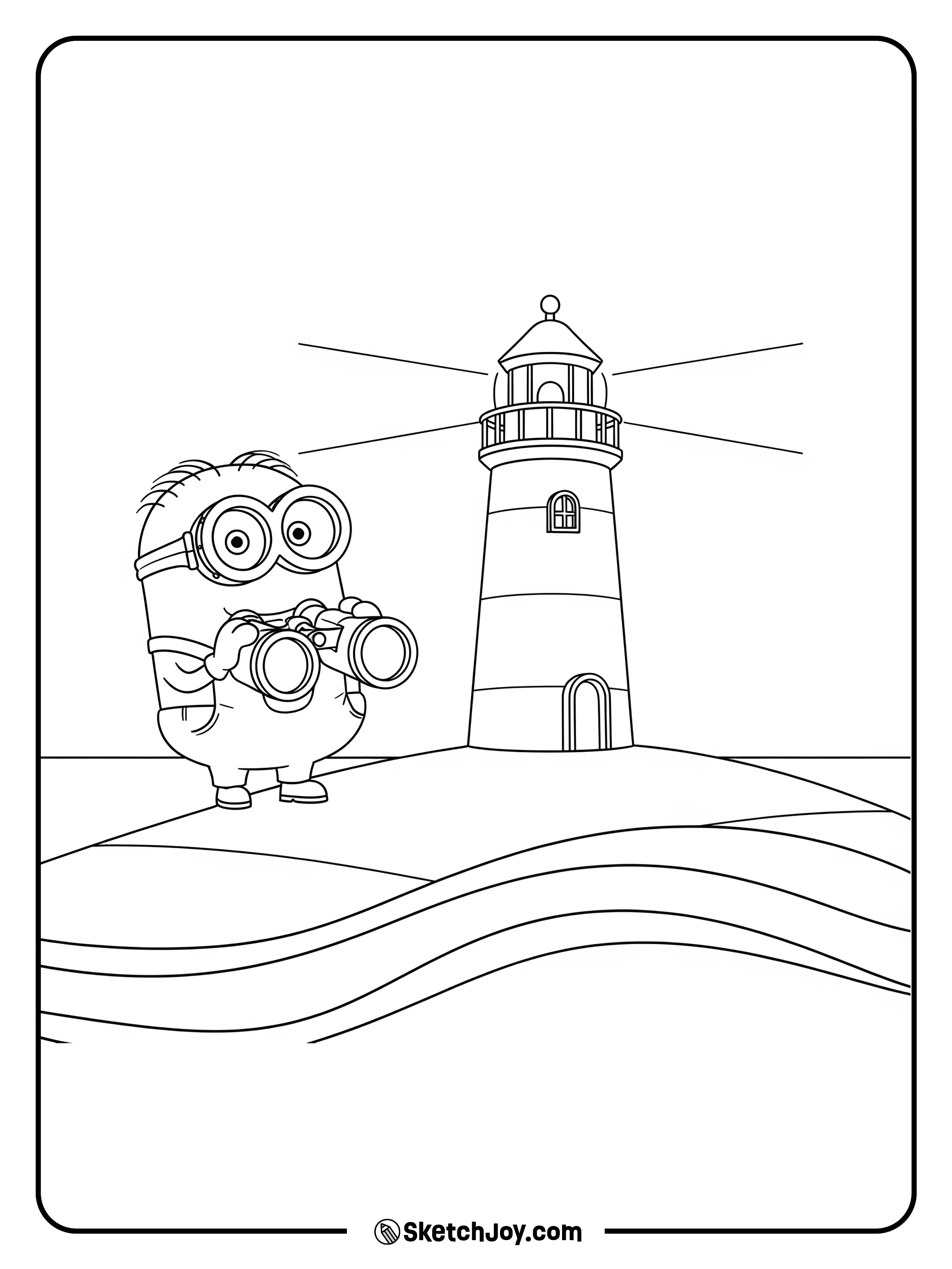 A Minion peers through binoculars near a small lighthouse and calm wave lines.
