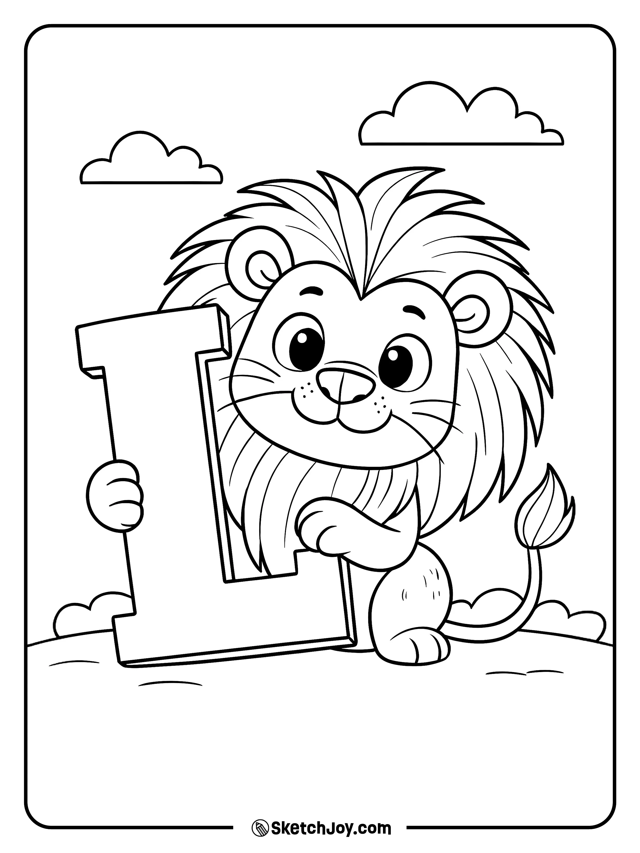 A friendly lion hugs a big block letter while sitting on a soft hill with puffy clouds above.