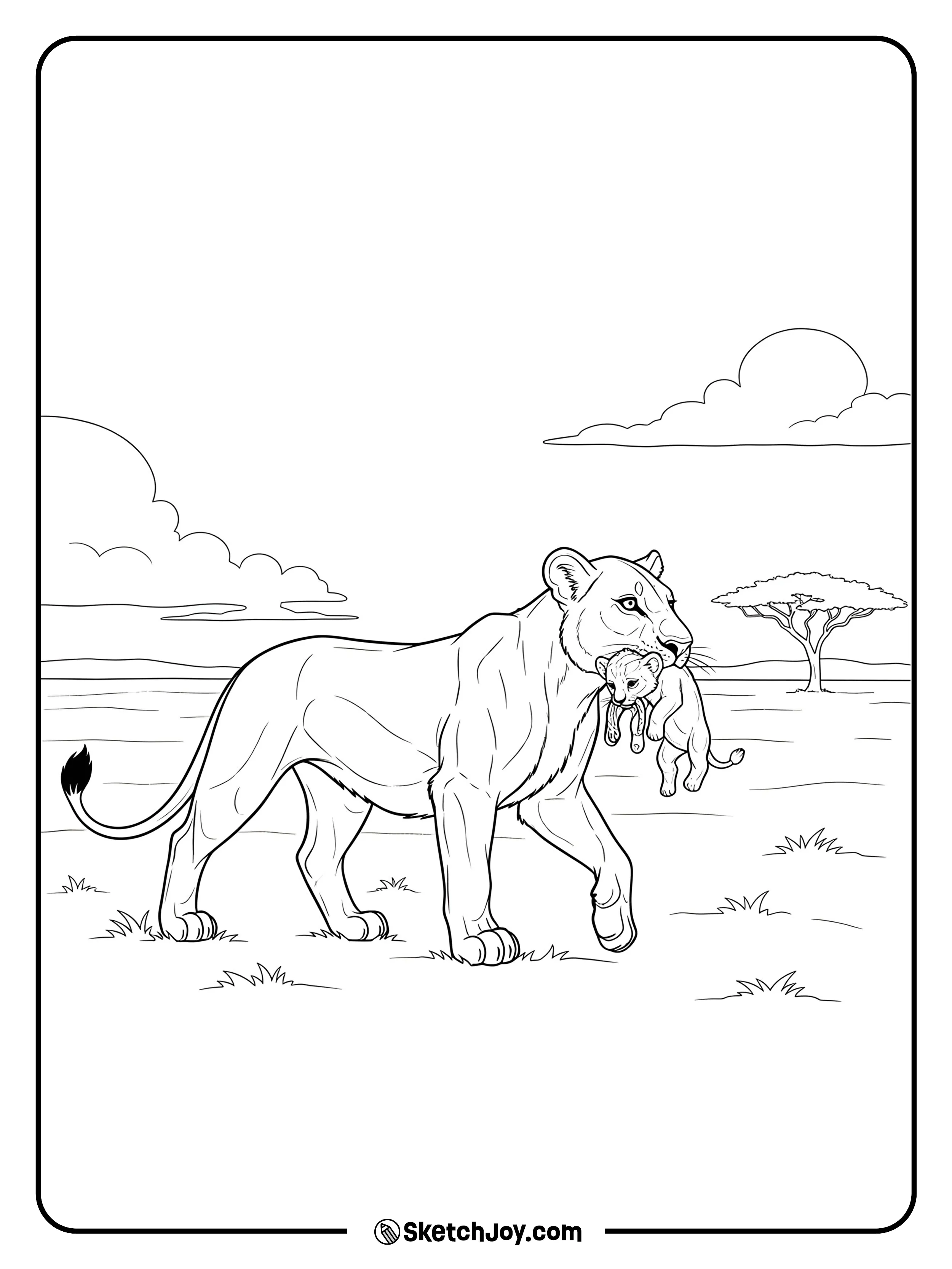 A caring mother gently carries her cub across a soft field of grass.