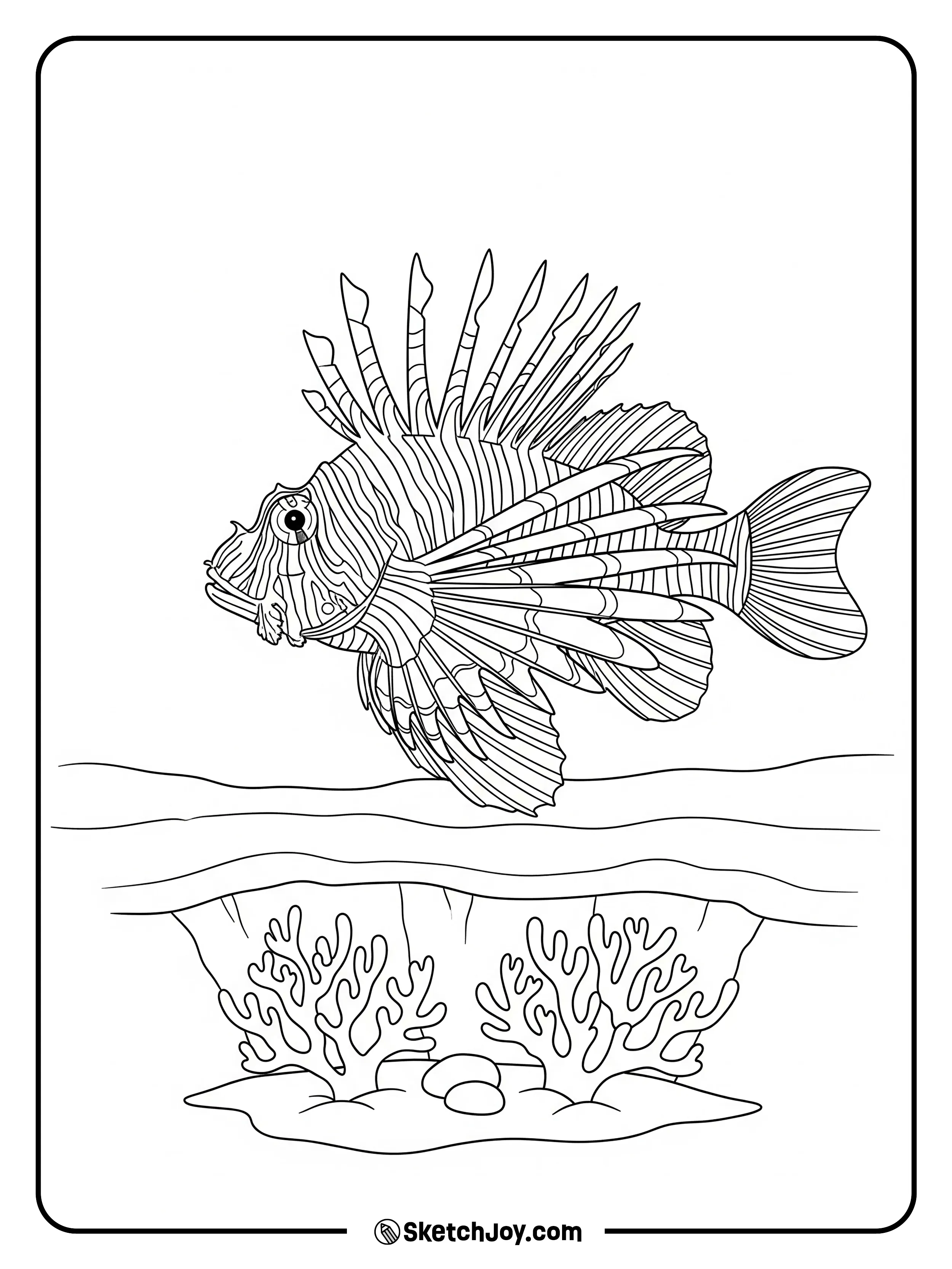 A lionfish spreads its spines over a ledge.