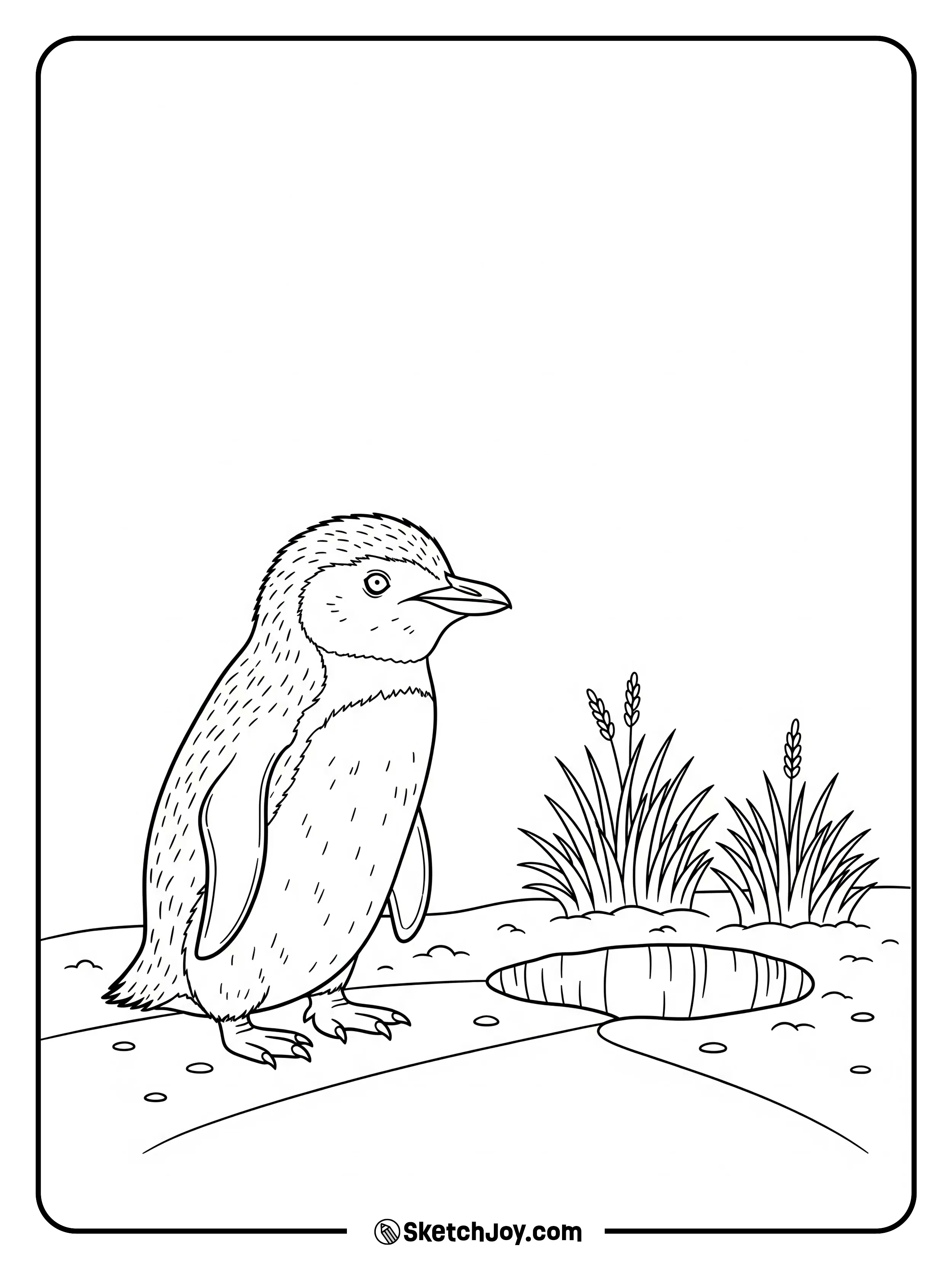 A small penguin stands at a tidy burrow entrance near low grass.