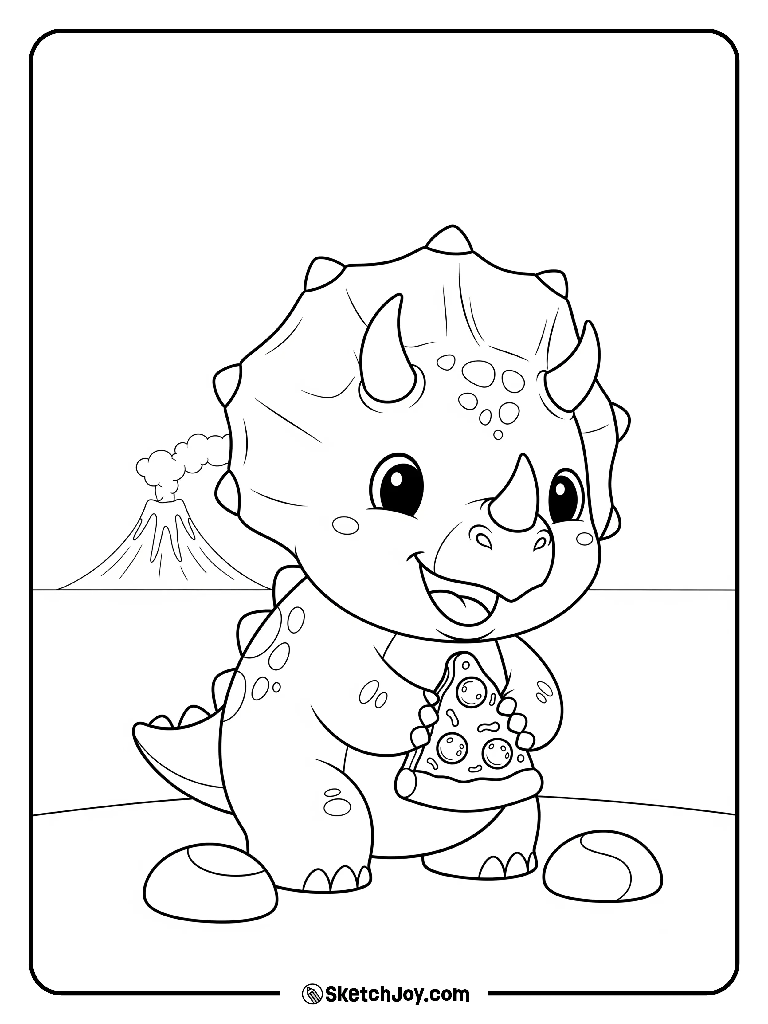 A tiny dino holds a slice proudly.