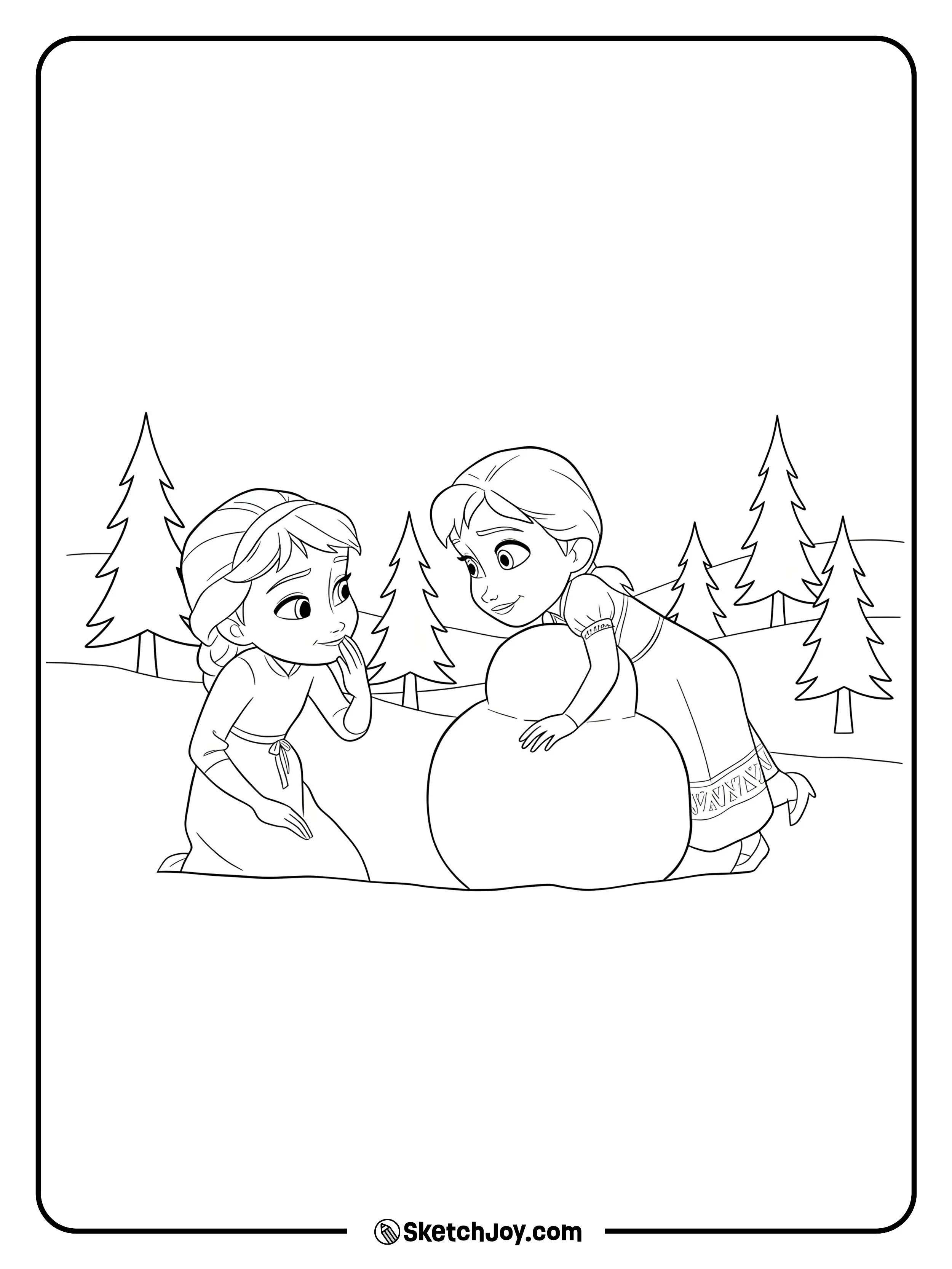 Young Elsa and Anna kneel on a snowy hill, shaping the first big snowball for a snowman