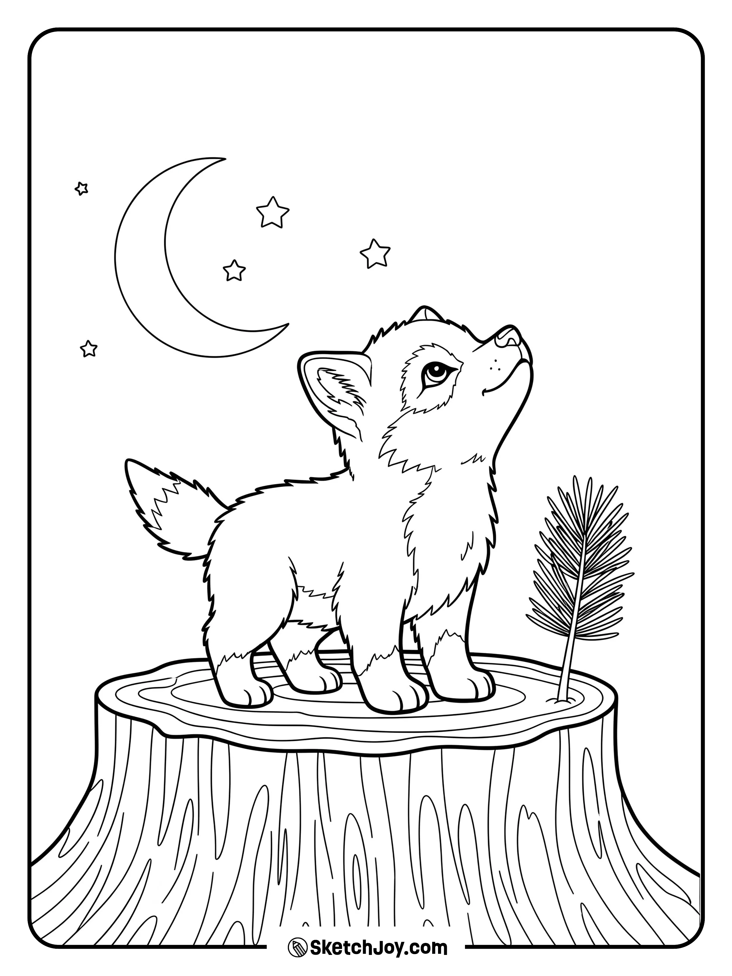 A tiny wolf pup stands on a tree stump and howls.