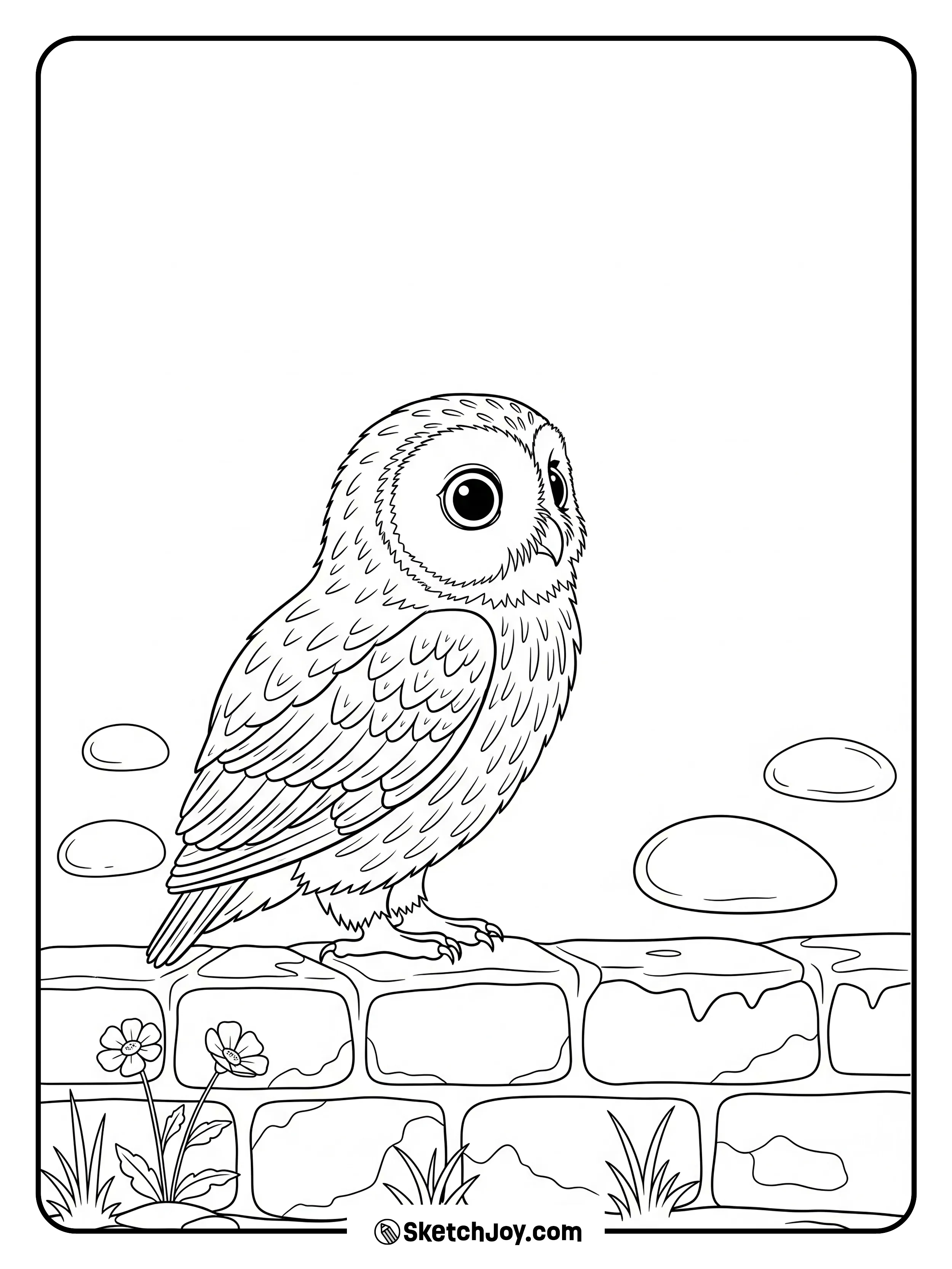 A small owl stands on a low stone wall with tiny wildflowers nearby.