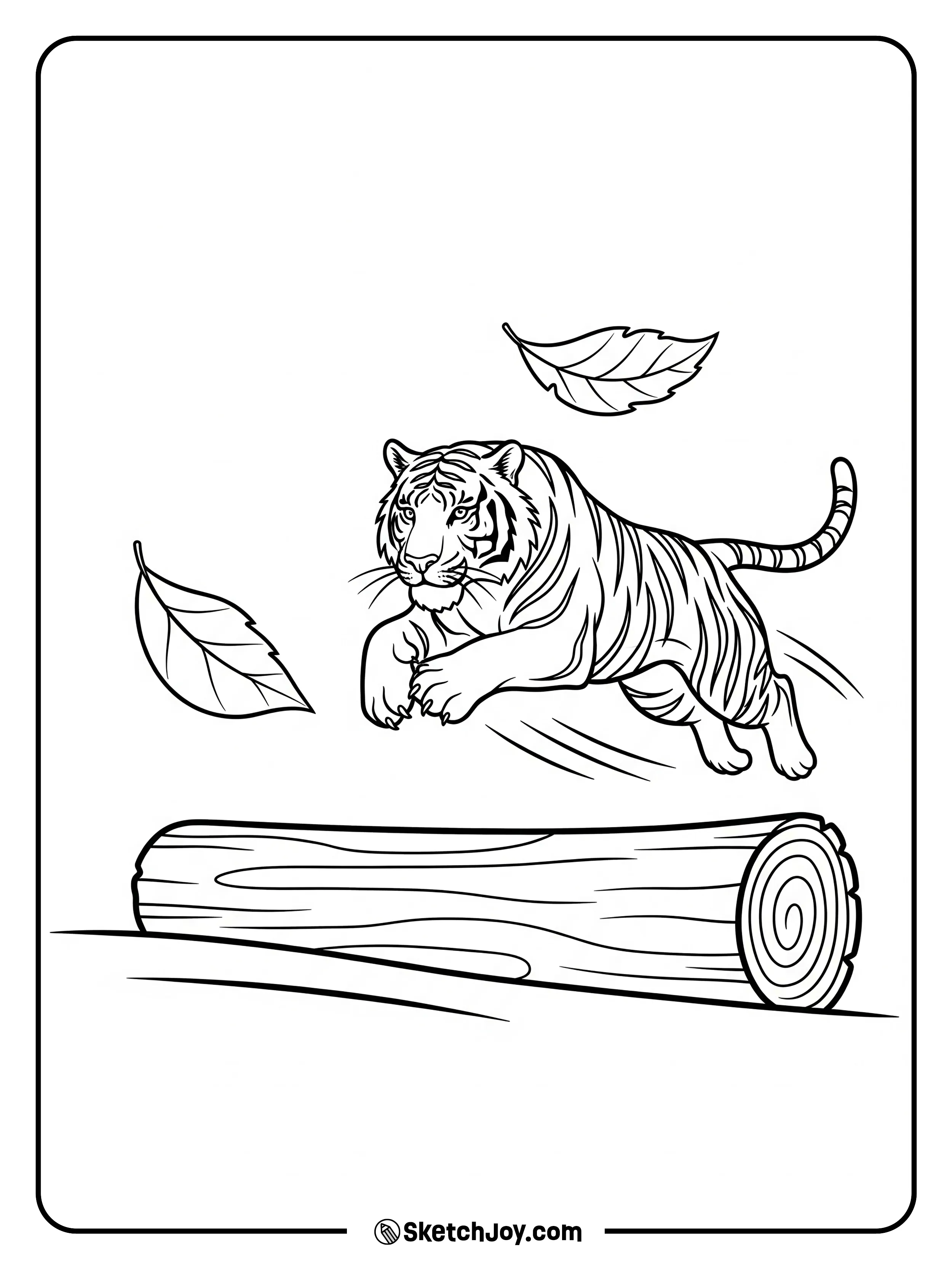 A tiger jumps over a fallen log. A few leaves float around.