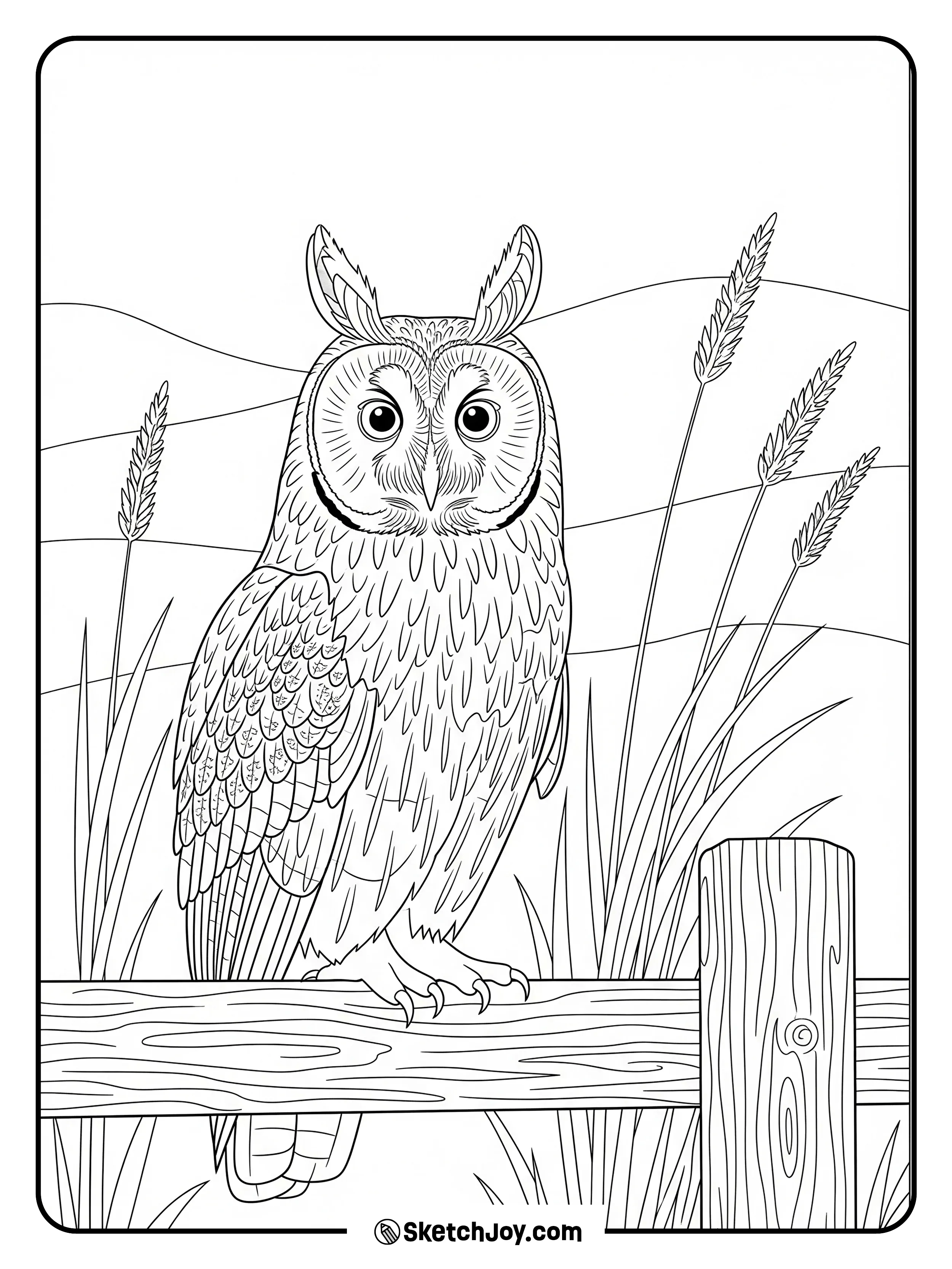 A long-eared owl sits on a rustic fence with tall grass around it.
