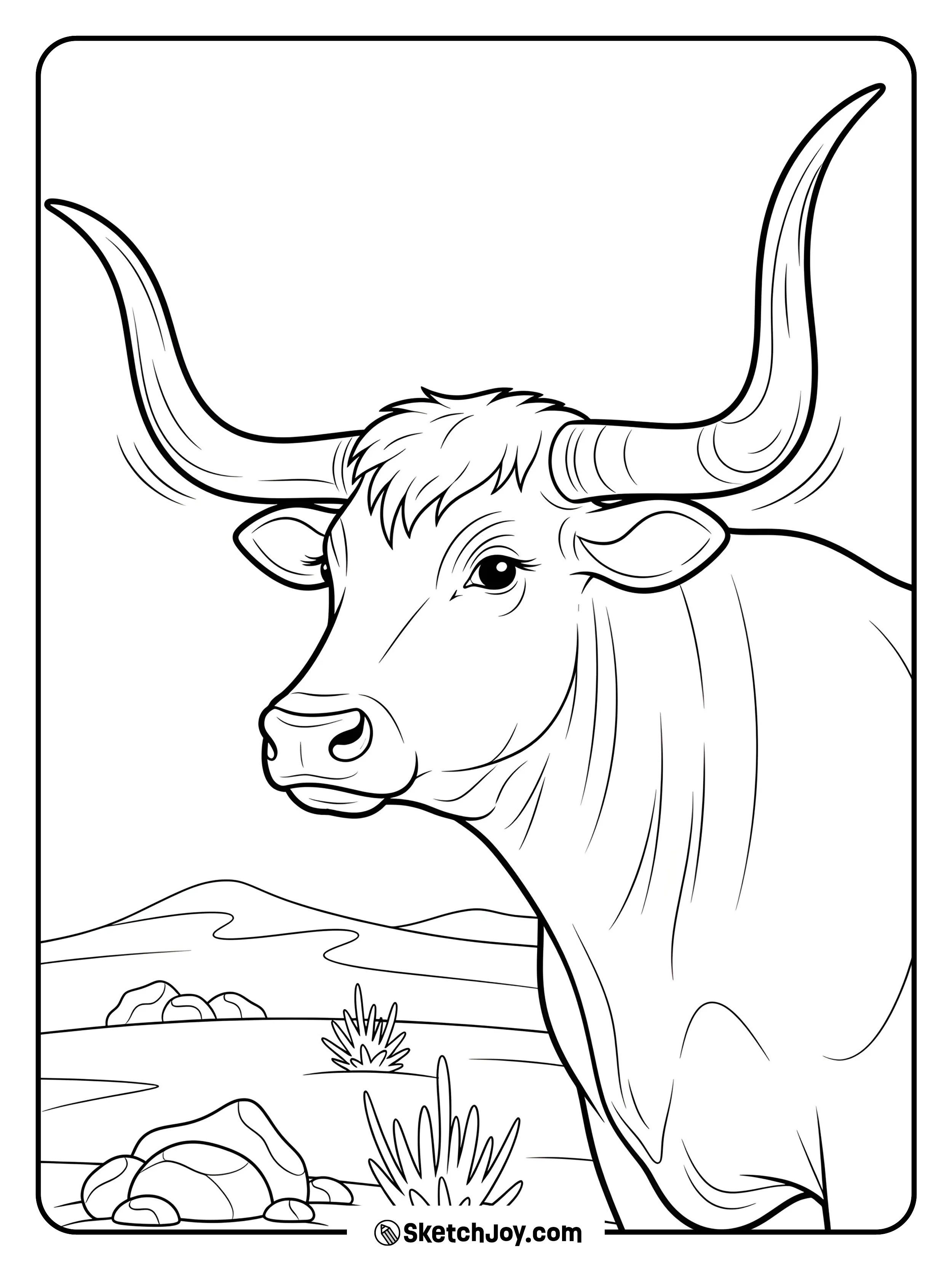 A longhorn cow stands proud on a rocky ridge.