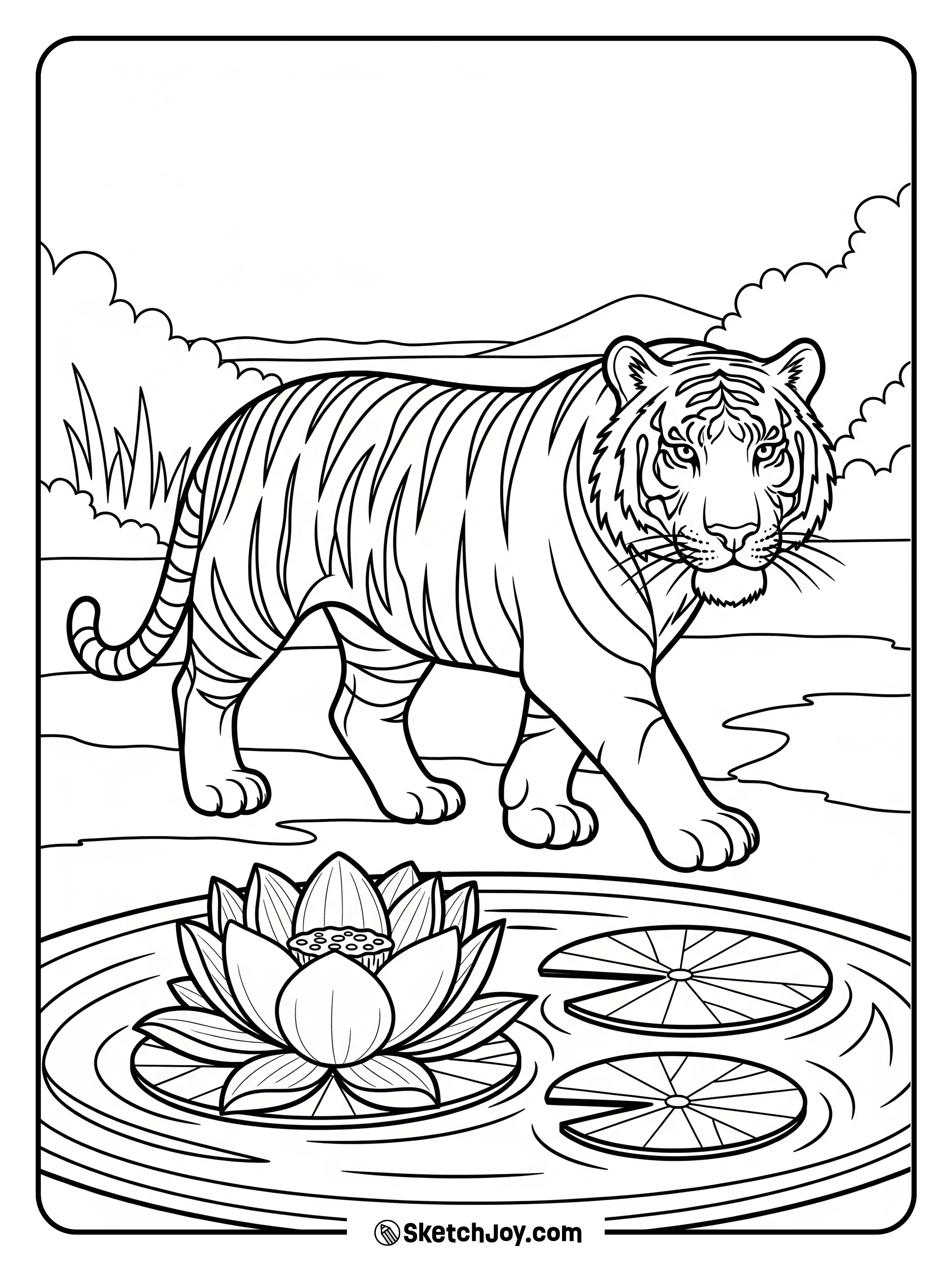 A tiger steps by a pond with one lotus.