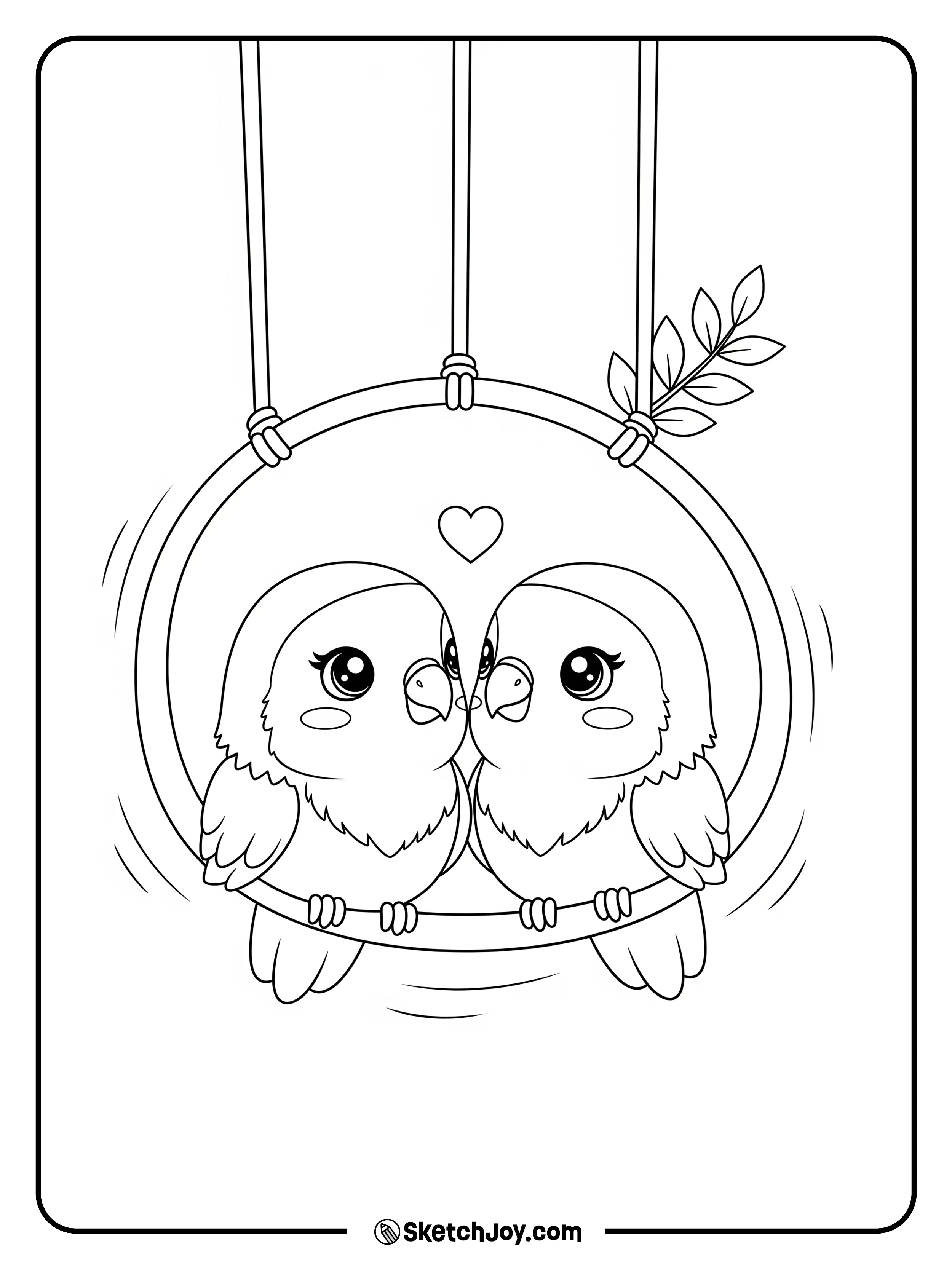 Two small parrots sit close on a ring.