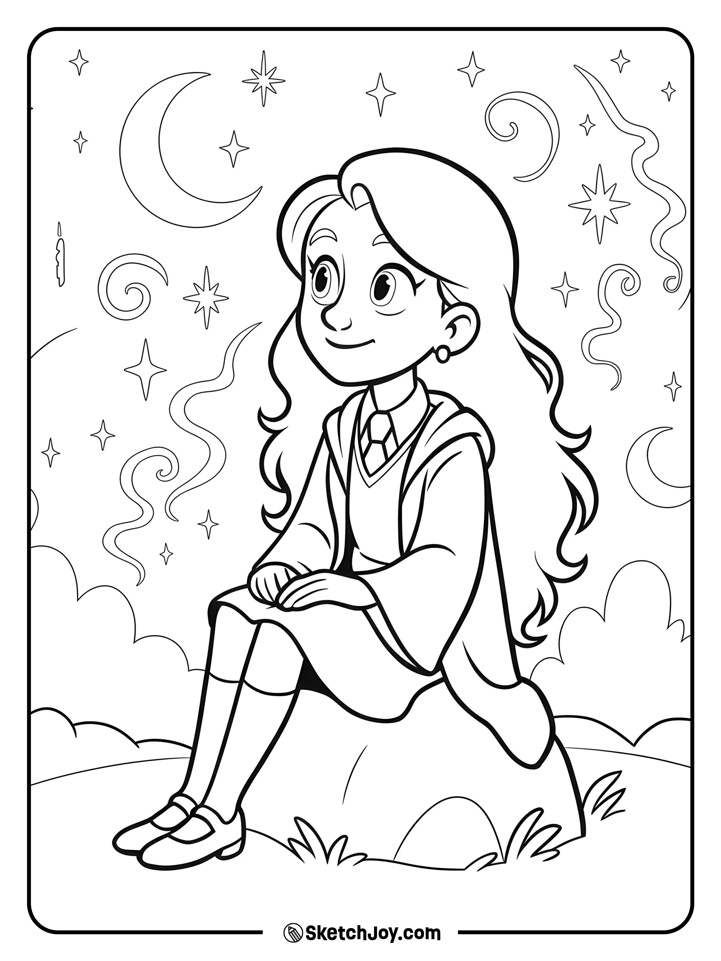 Luna sits on a rock in her robe and looks up with a soft smile.