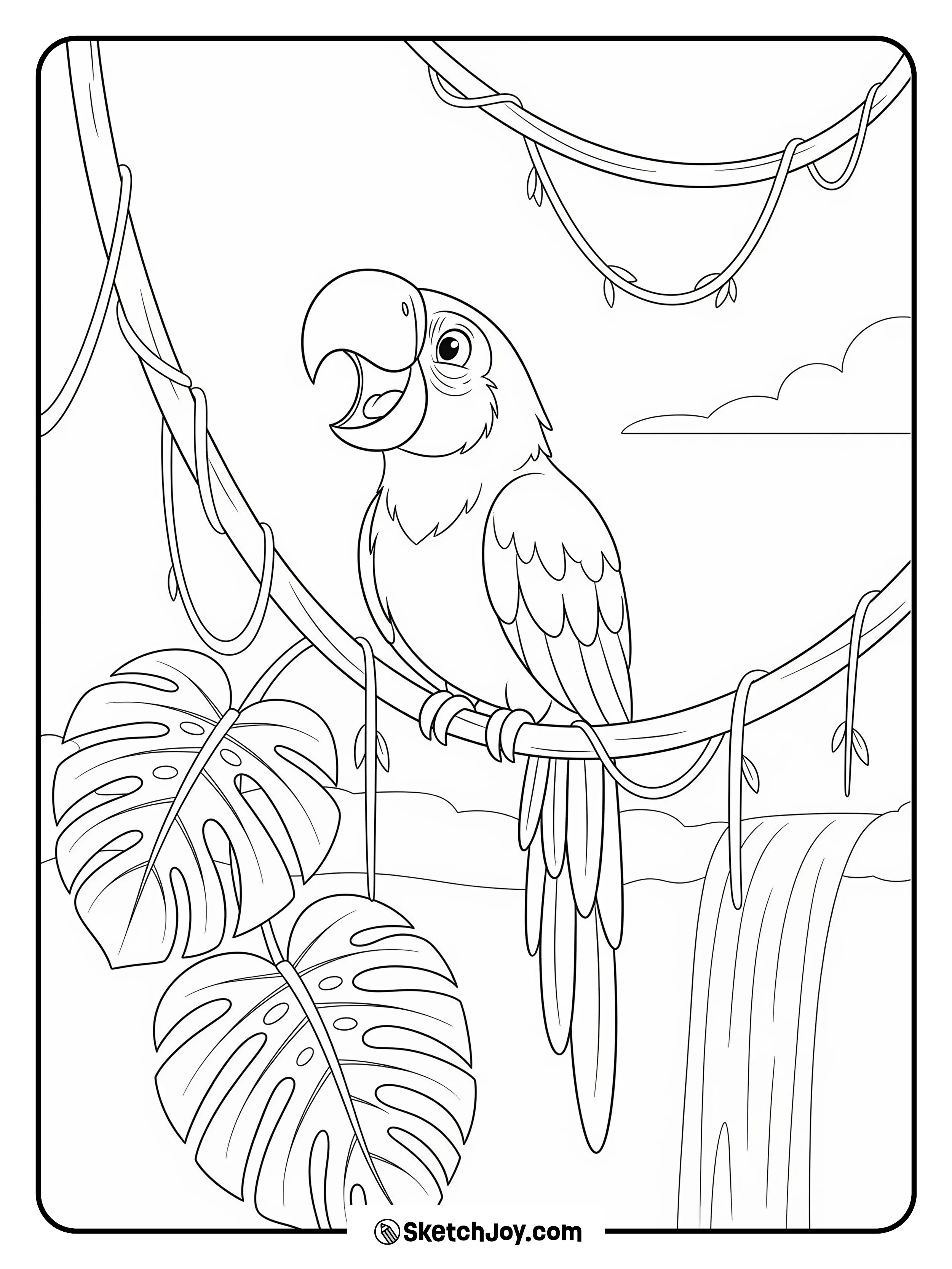 A bright macaw sits on a vine with big leaves.