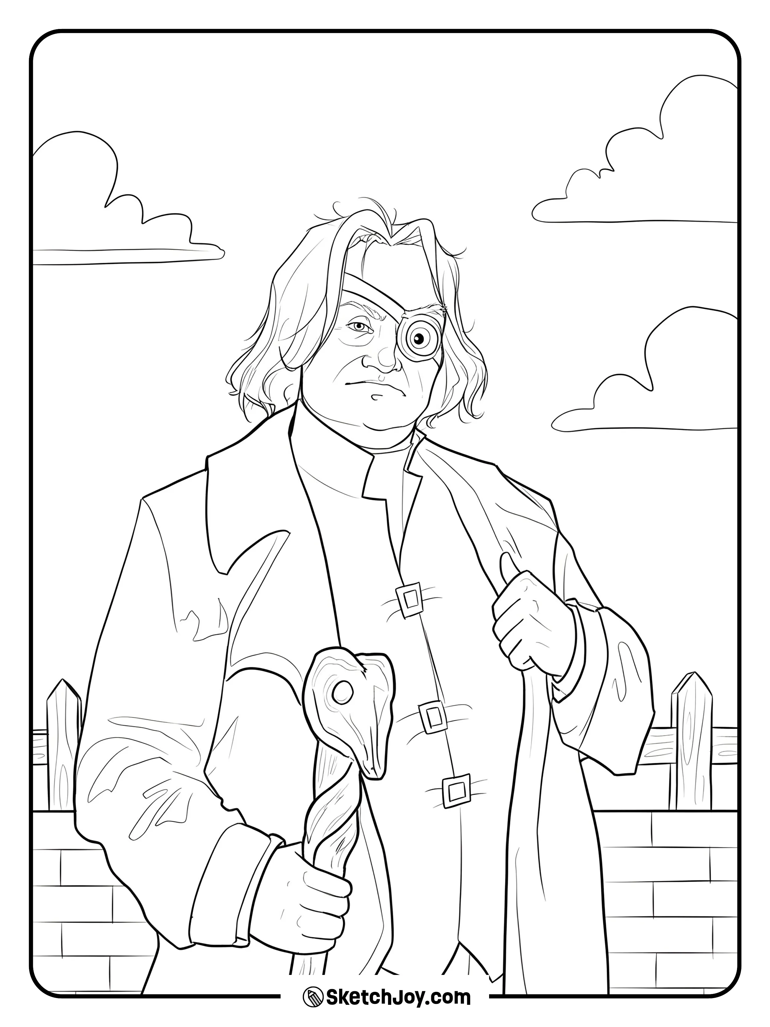 Mad-Eye Moody stands in his long coat and grips his staff.