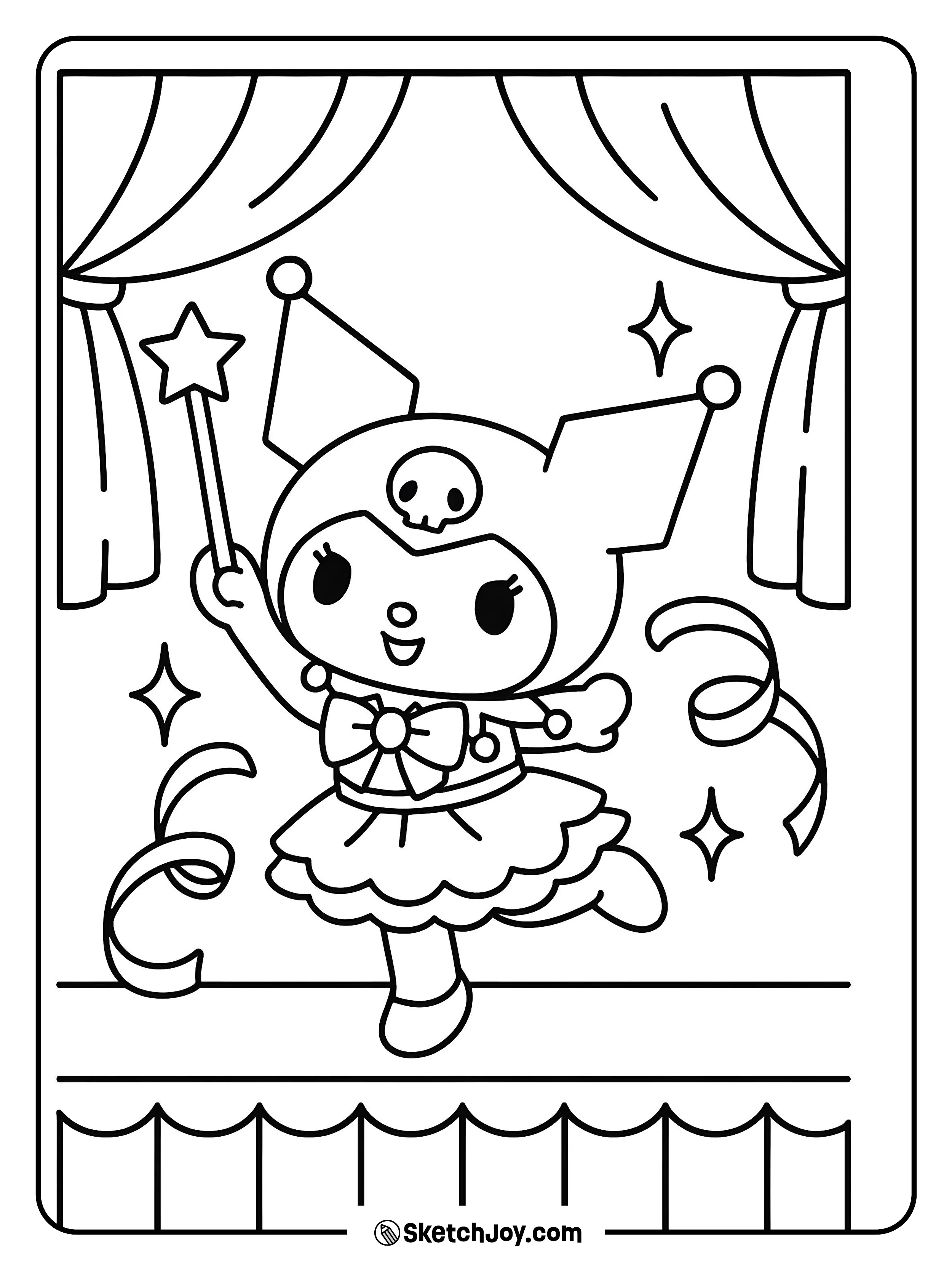 Kuromi twirls a wand with a star tip.