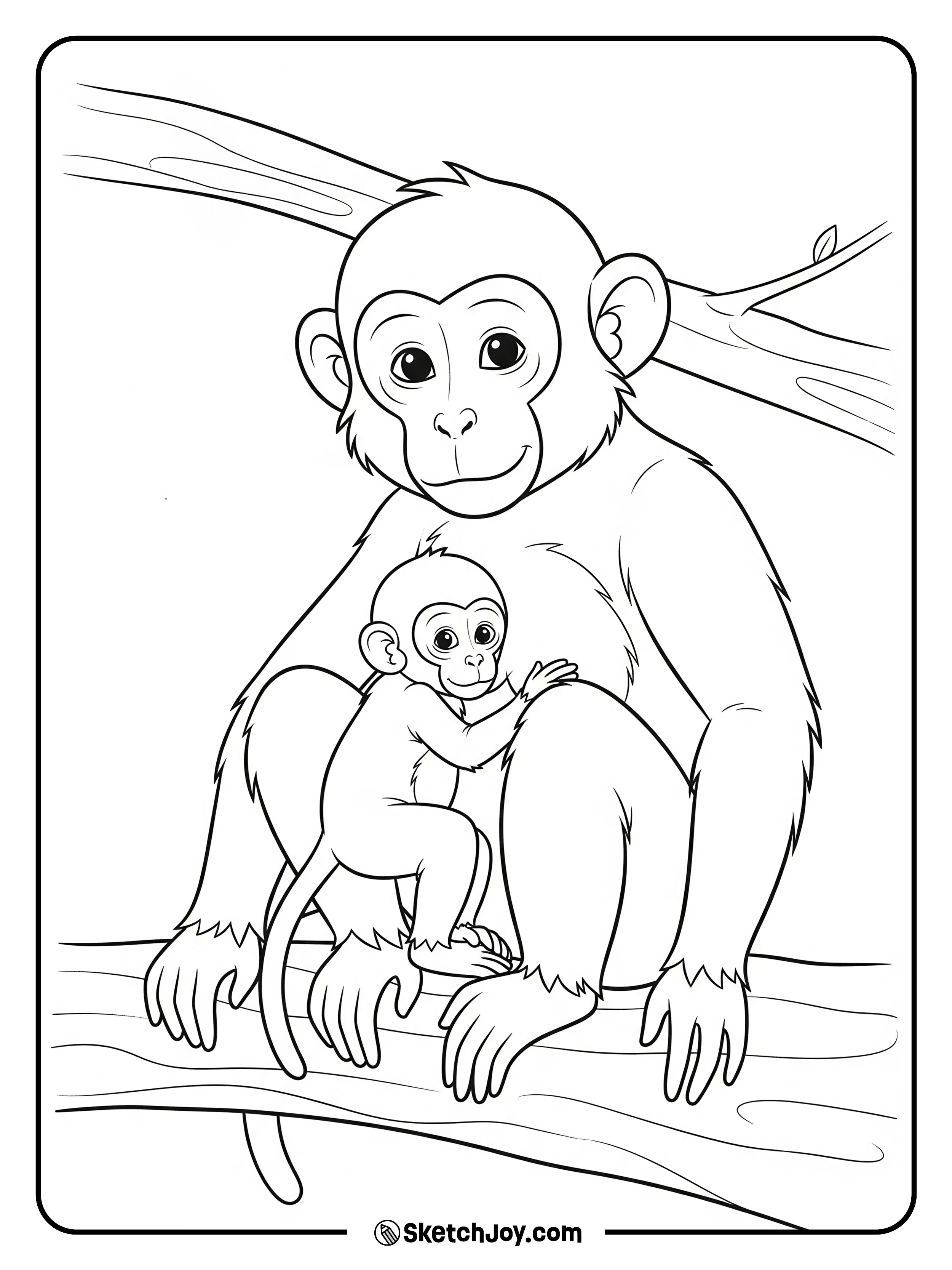 A mother holds her baby while sitting on a wide branch.