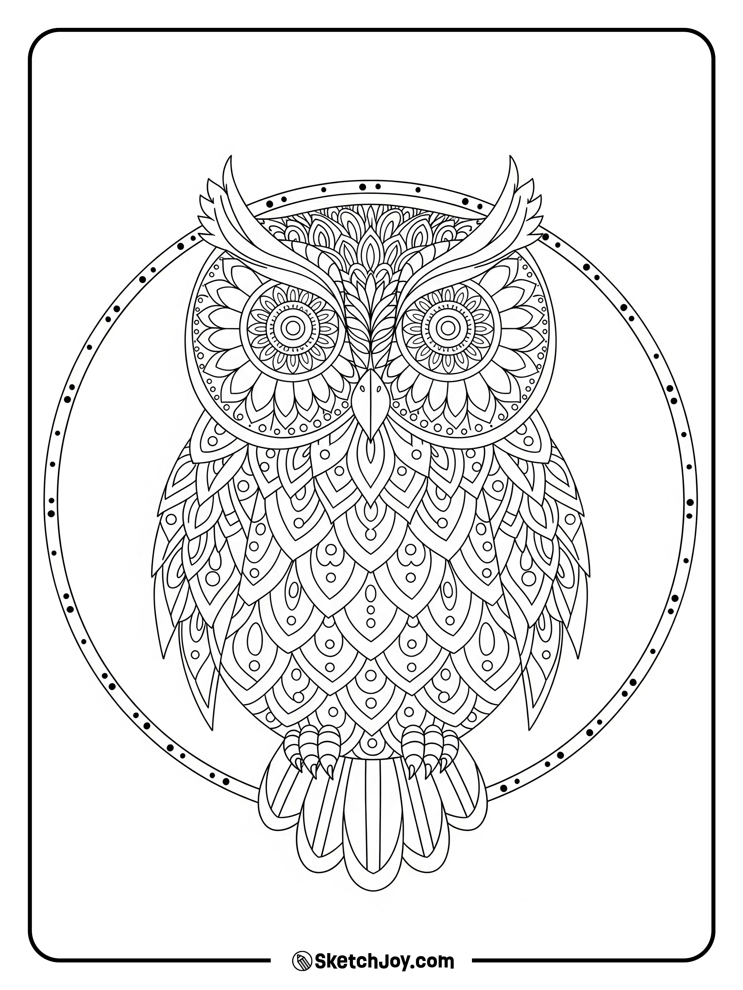 A front view owl filled with tidy mandala lines and shapes.