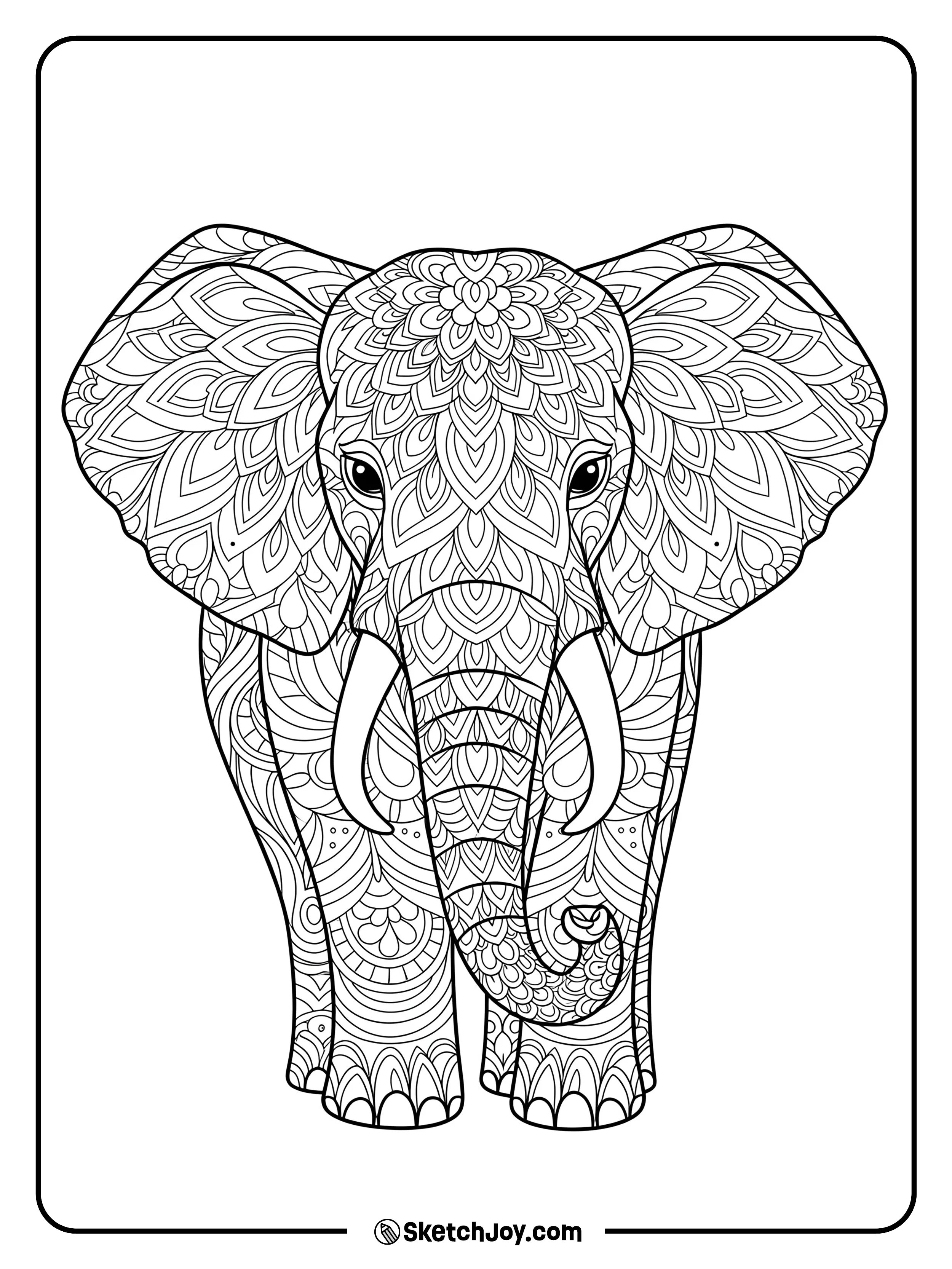 A front-facing elephant carries ornate floral patterns across ears and trunk.