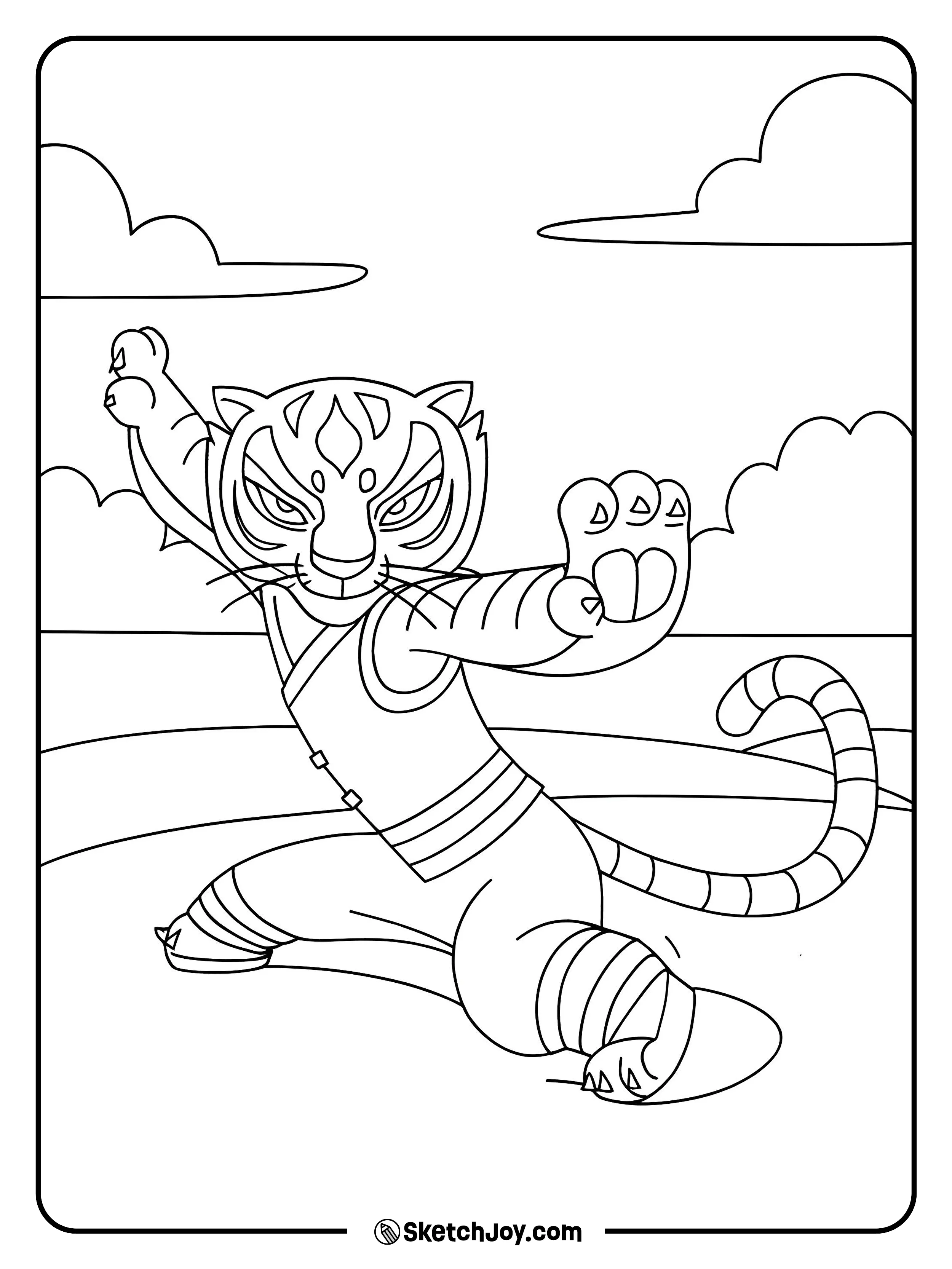 Tigress holds a low kung fu stance with one paw forward and her tail curled.