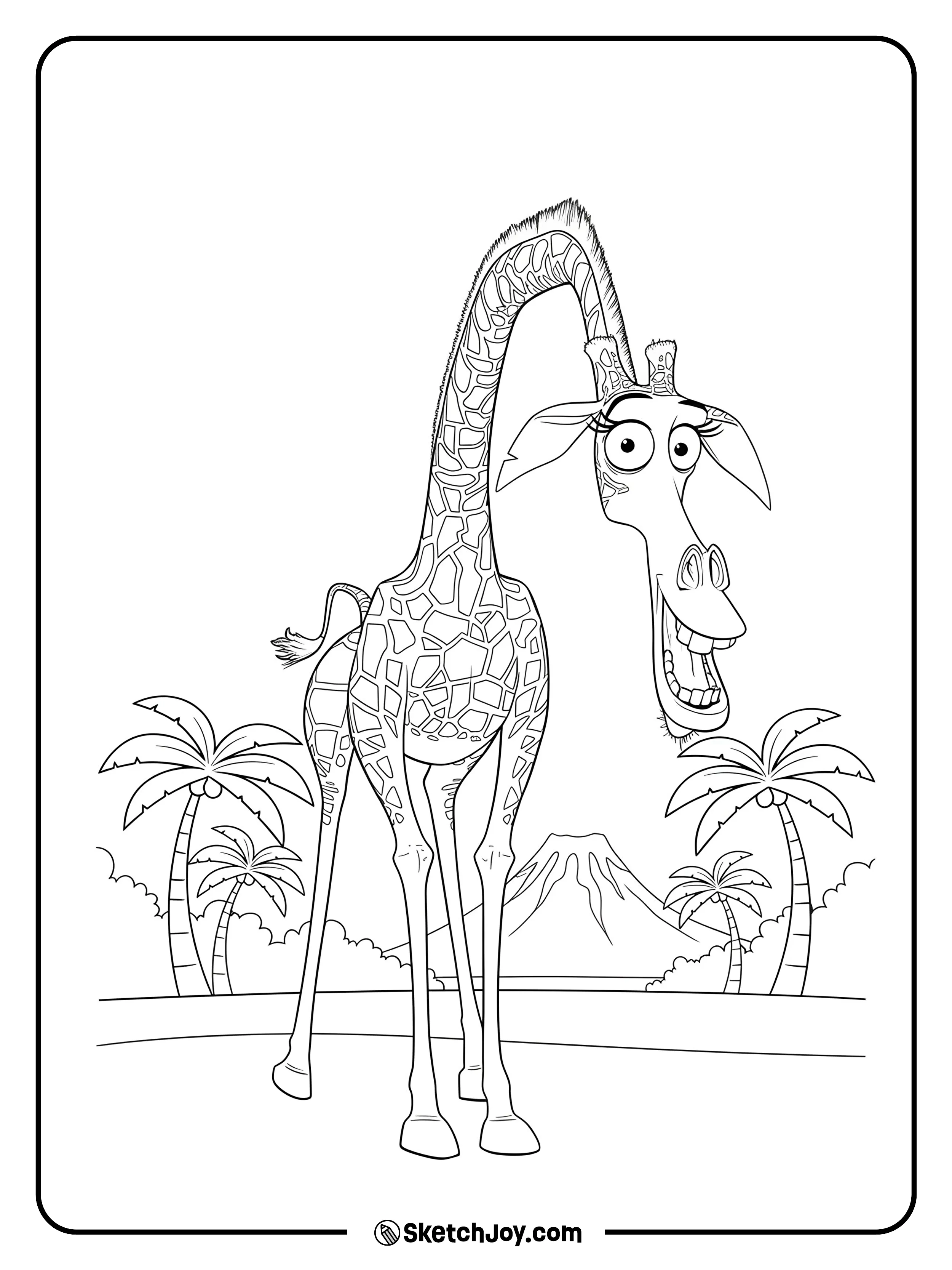 Melman stands with a bent neck and a goofy smile