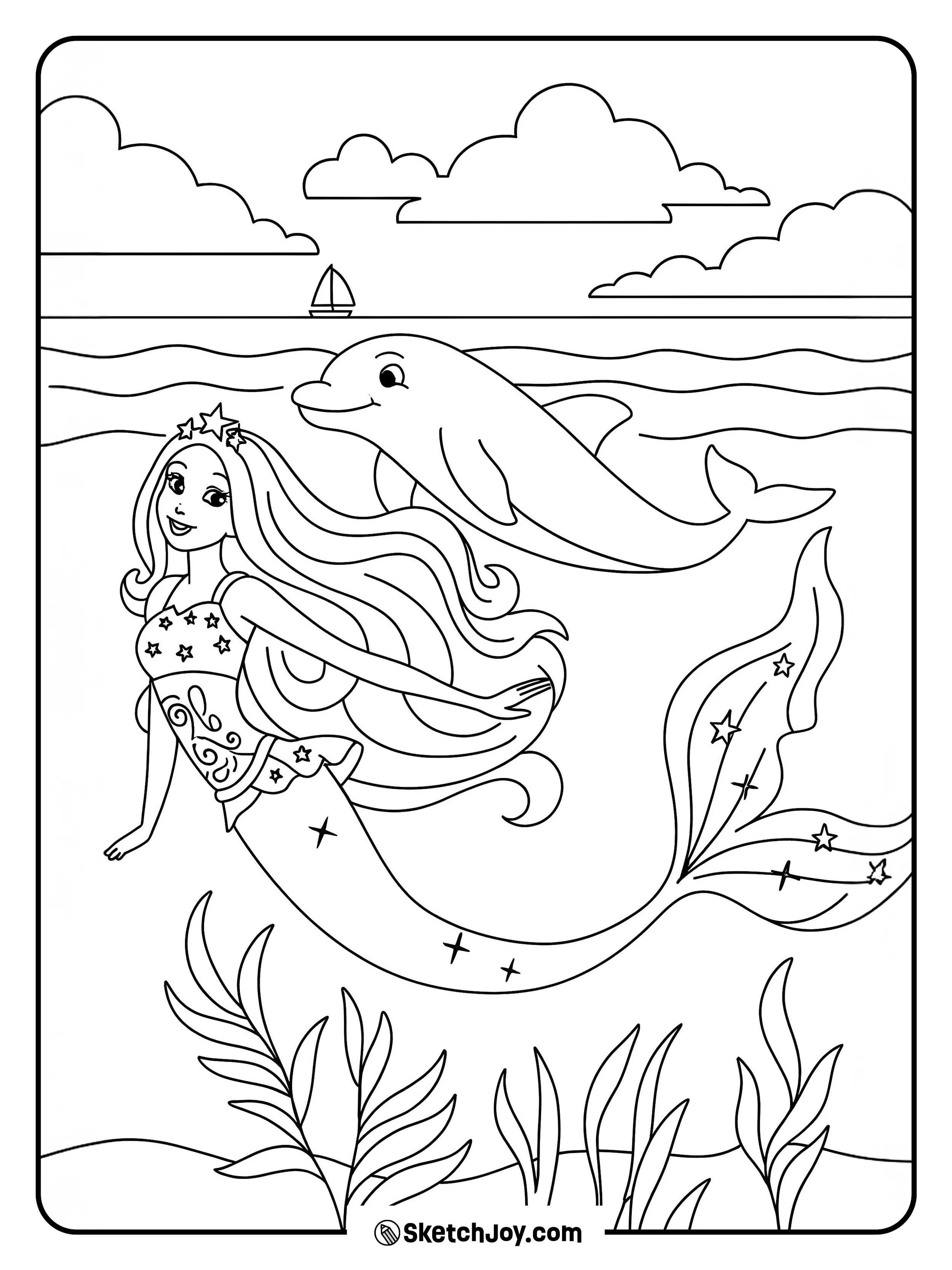 A smiling mermaid swims beside a friendly dolphin close to the surface.