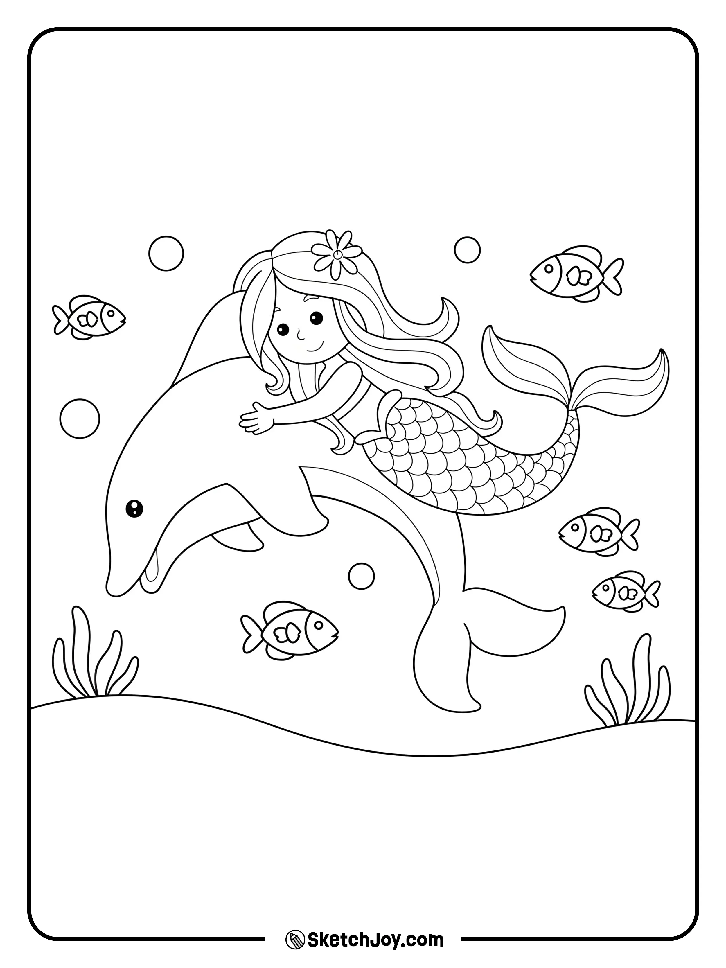 A sweet mermaid hugs a friendly dolphin as they swim under the sea.