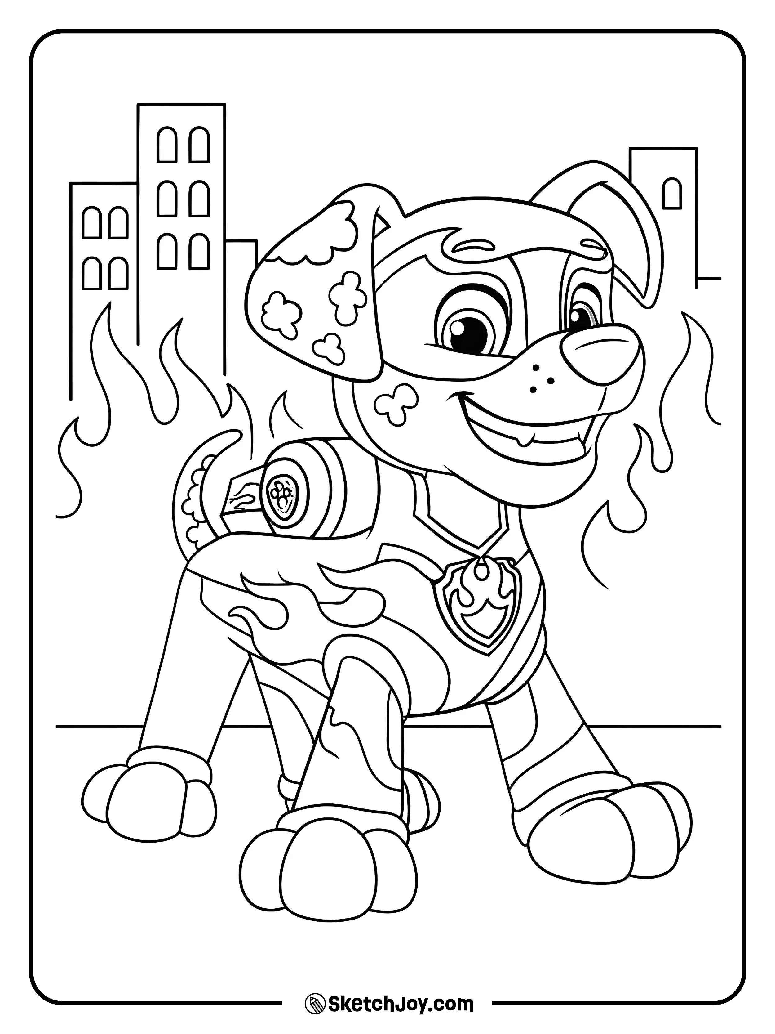 Marshall smiles in his flame-pattern hero suit