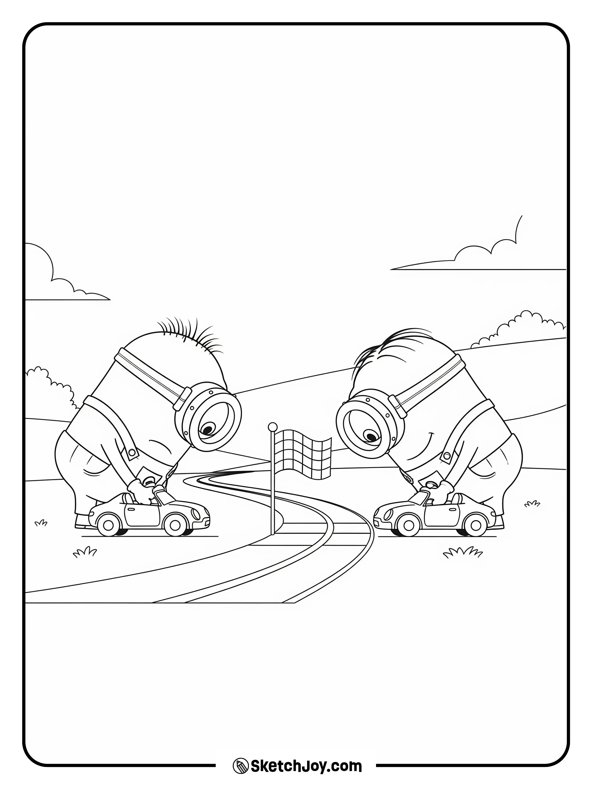 Two Minions race toy cars on a short track.