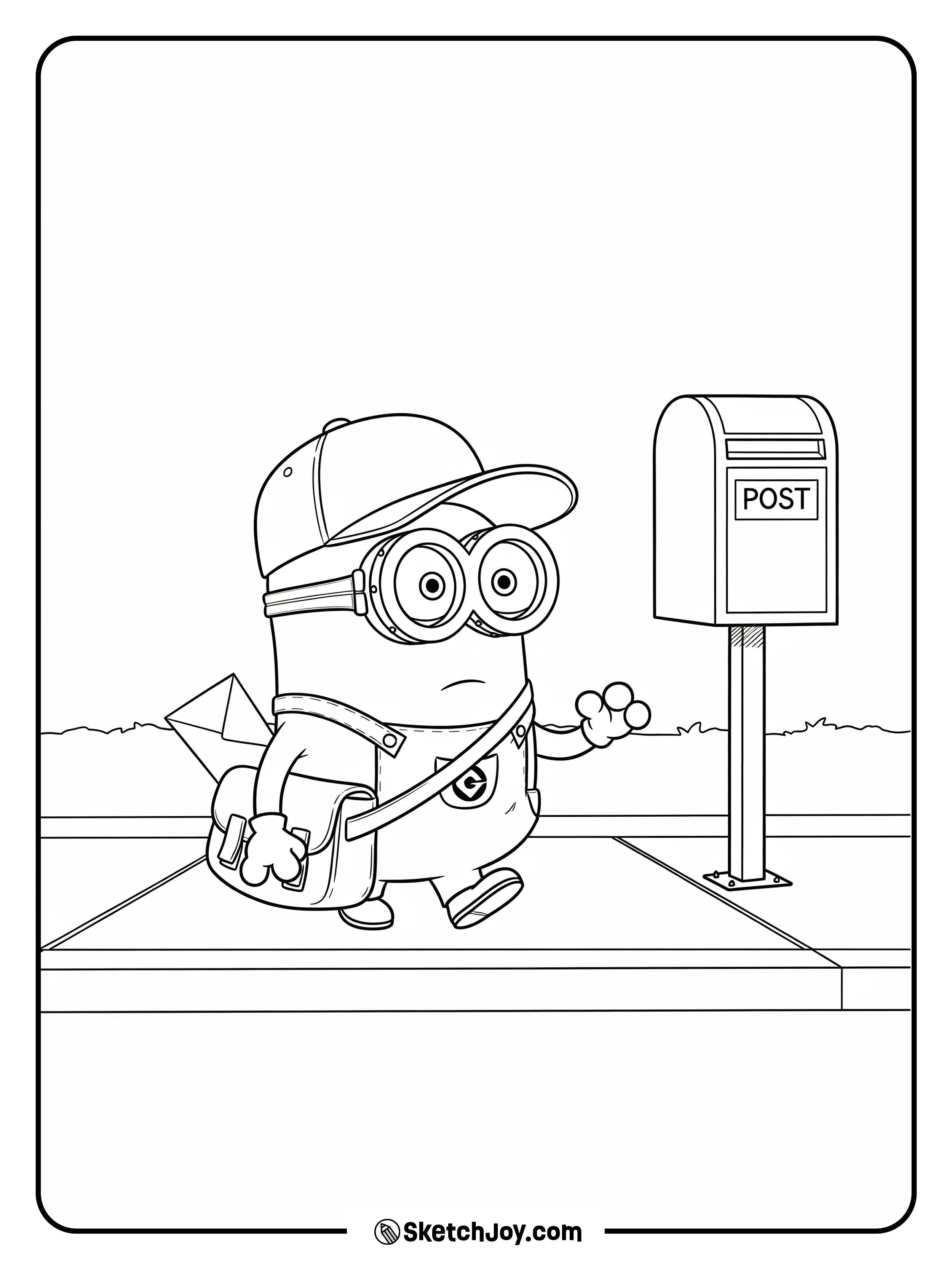 A Minion carries a mail bag with one letter peeking out.