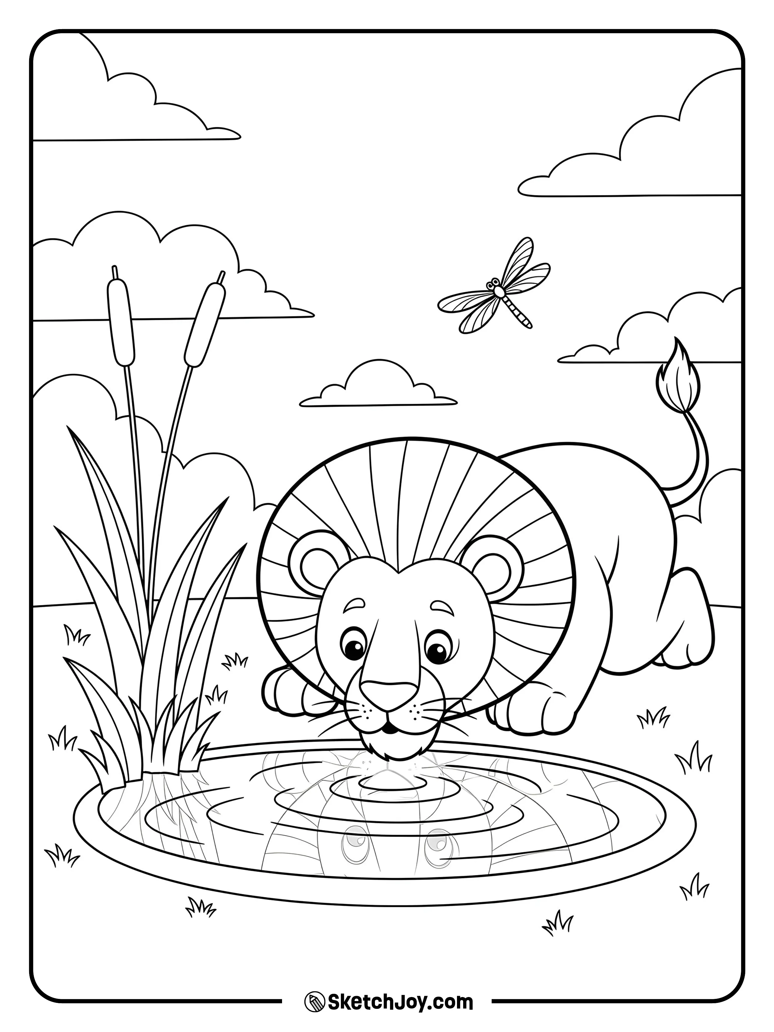 A lion sees its reflection in a calm pond beside tall grass.
