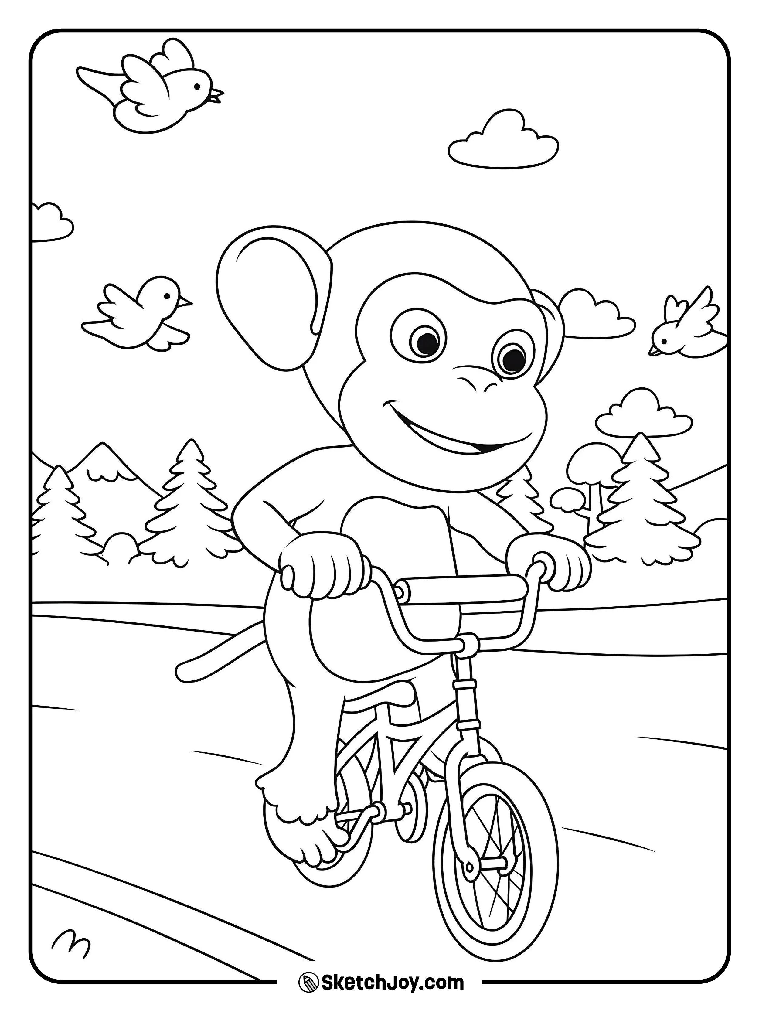Mochi pedals along a curvy path while cheerful birds fly overhead.