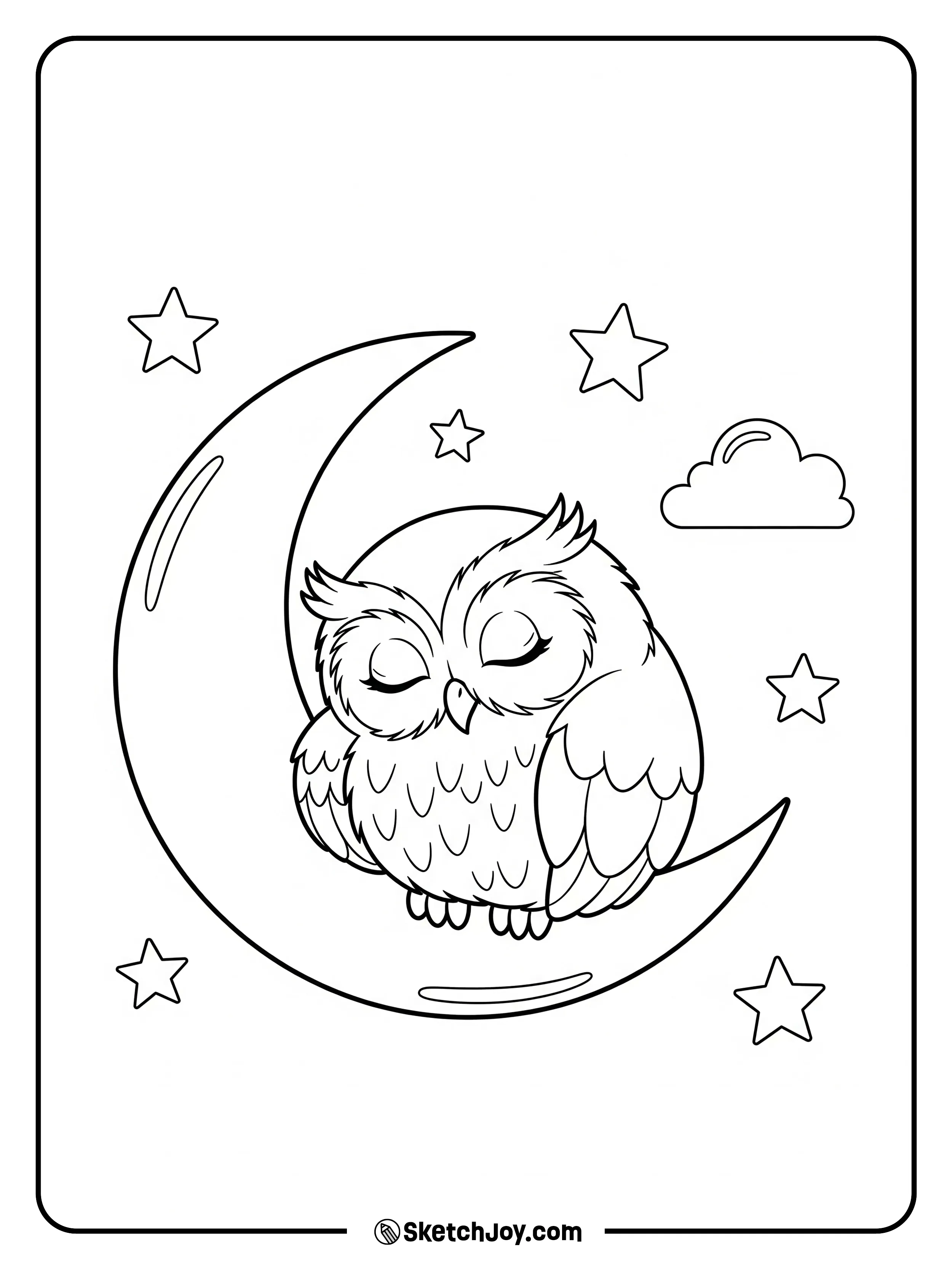 A sleepy owl curls on a crescent moon with small stars.