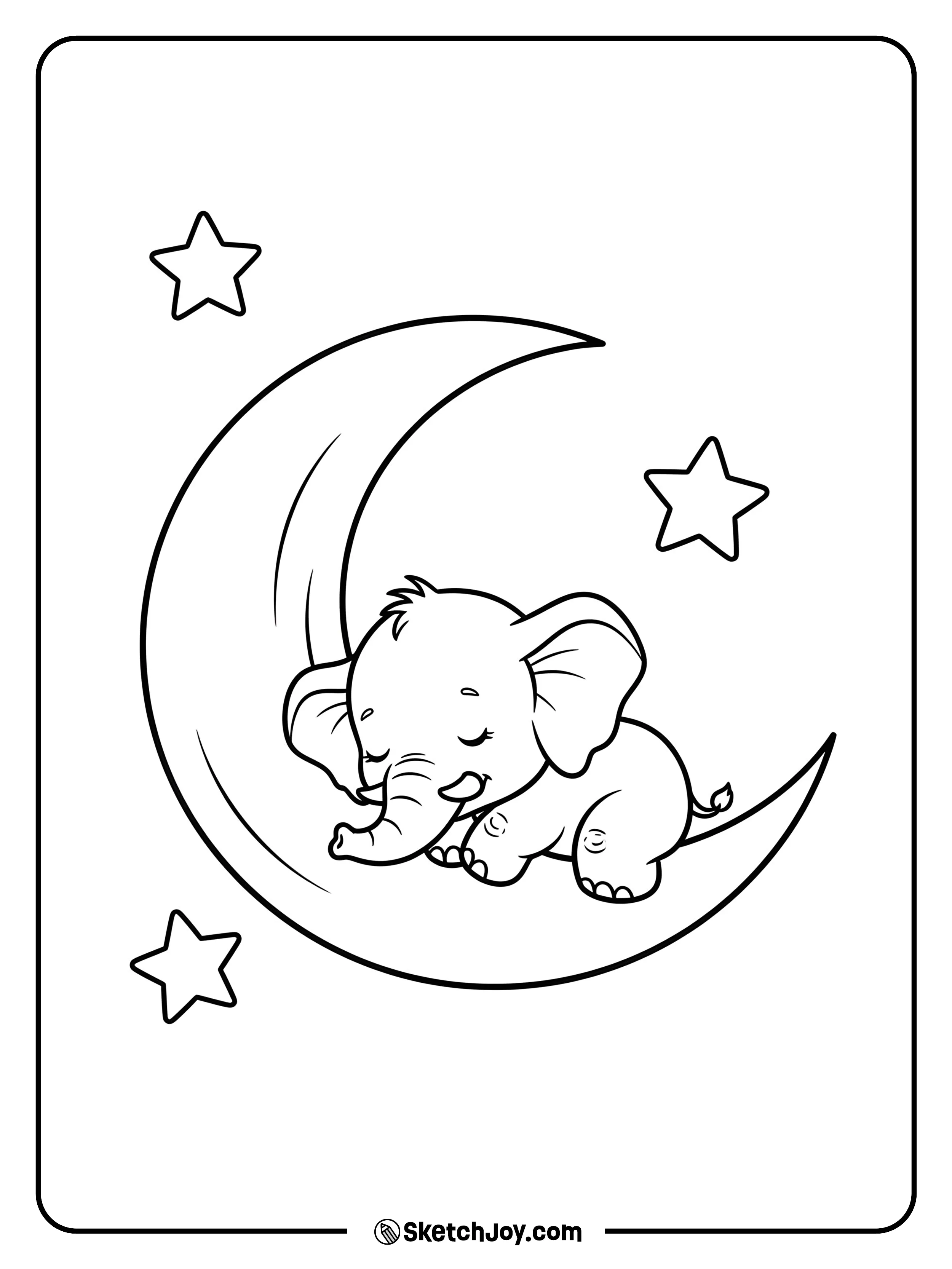 A sleepy baby curls on a crescent moon with two stars nearby.