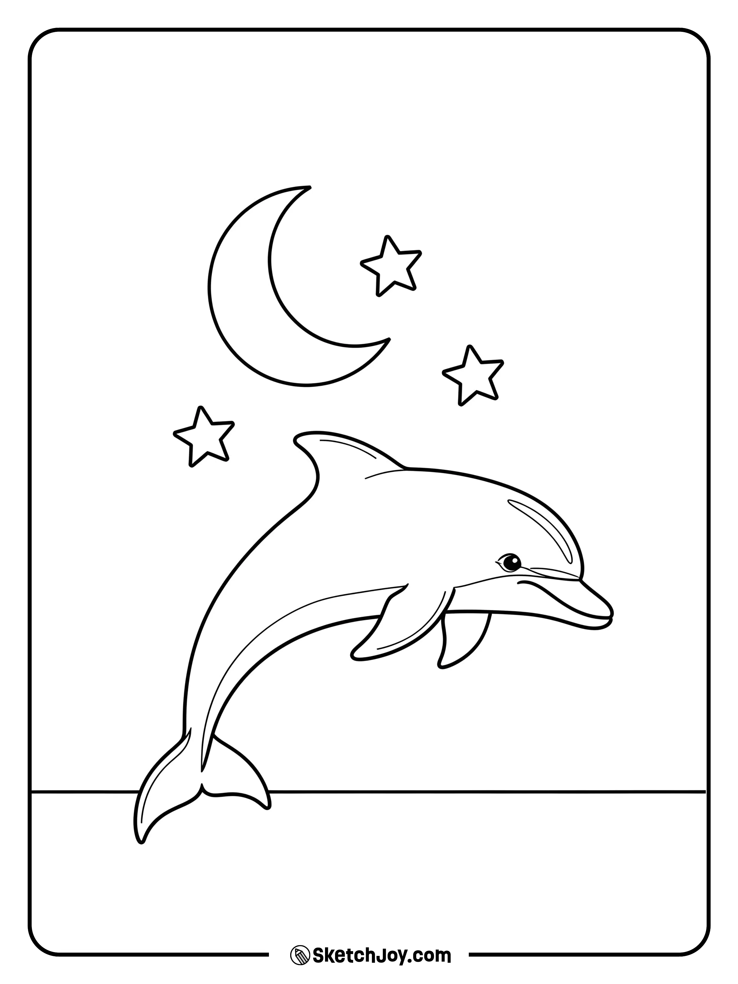 A dolphin arcs under a crescent moon and three stars above a flat sea.